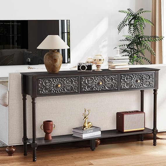 55.5" Carved Console Table with 3 Drawers