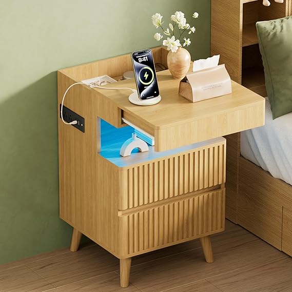 Tall Fluted Nightstand with Charging Station and LED Light