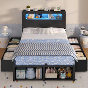 ADORNEVE Twin Bed Frame with 6 Storage Drawers & 2-Tier LED Headboard – Kids Boy Bed with Power Outlets & RGB Lights, 2 Footboard Cubbies– Space-Saving No Box Spring Needed, Black
