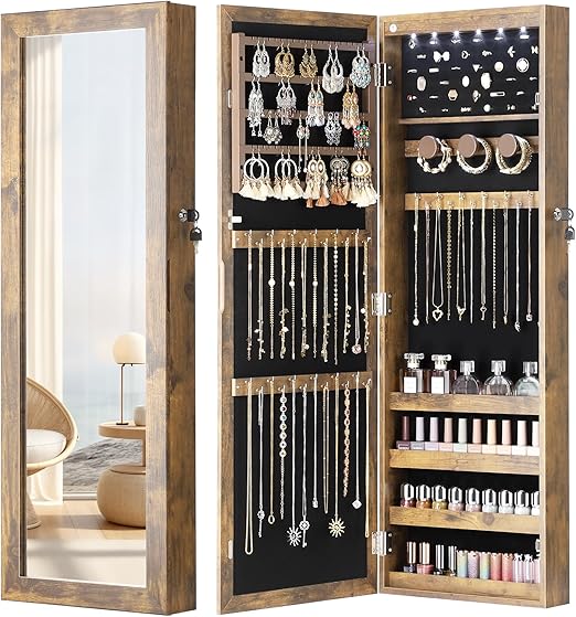 6 LED Mirror Jewelry Cabinet with Lock