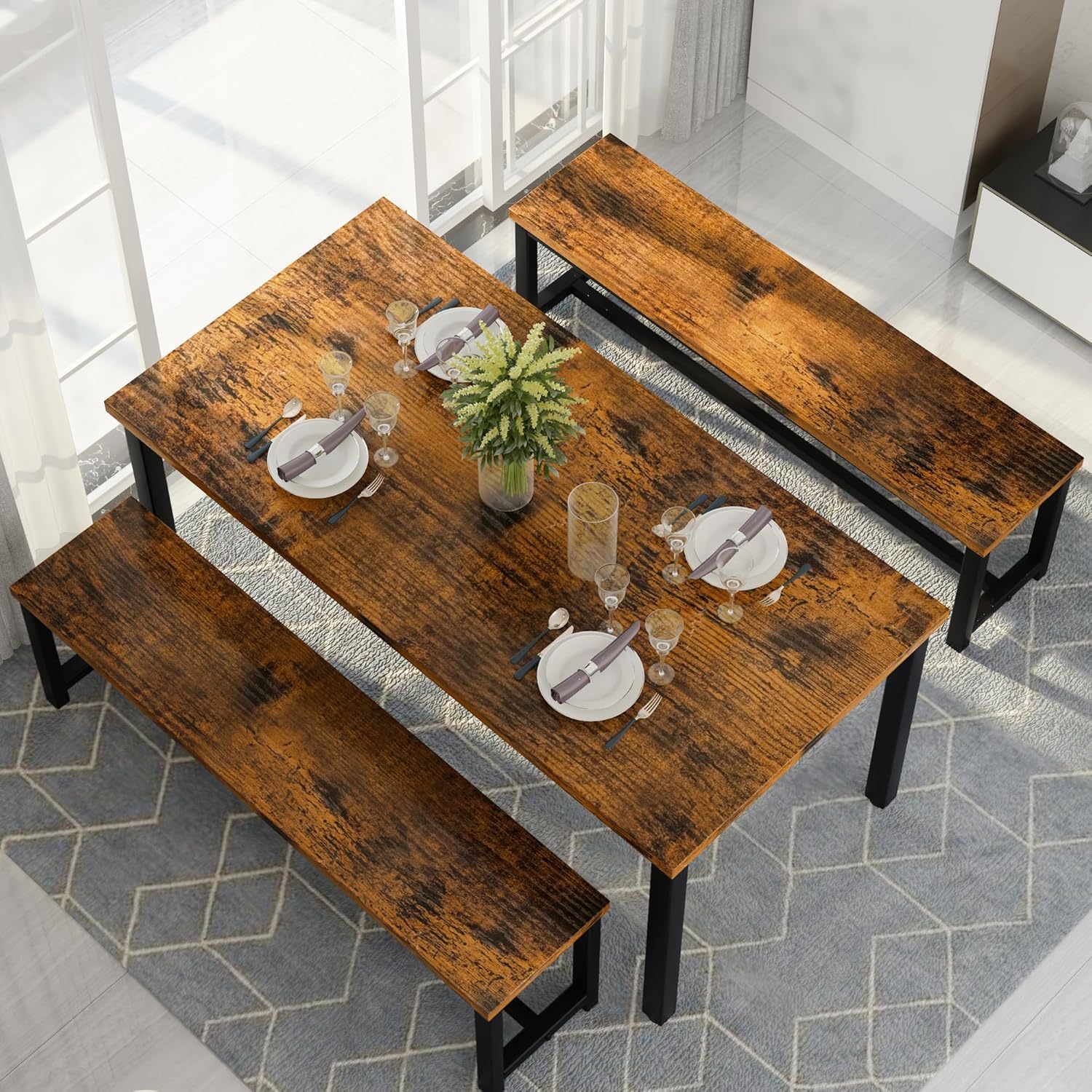 3-Piece Dining Table Set with Benches