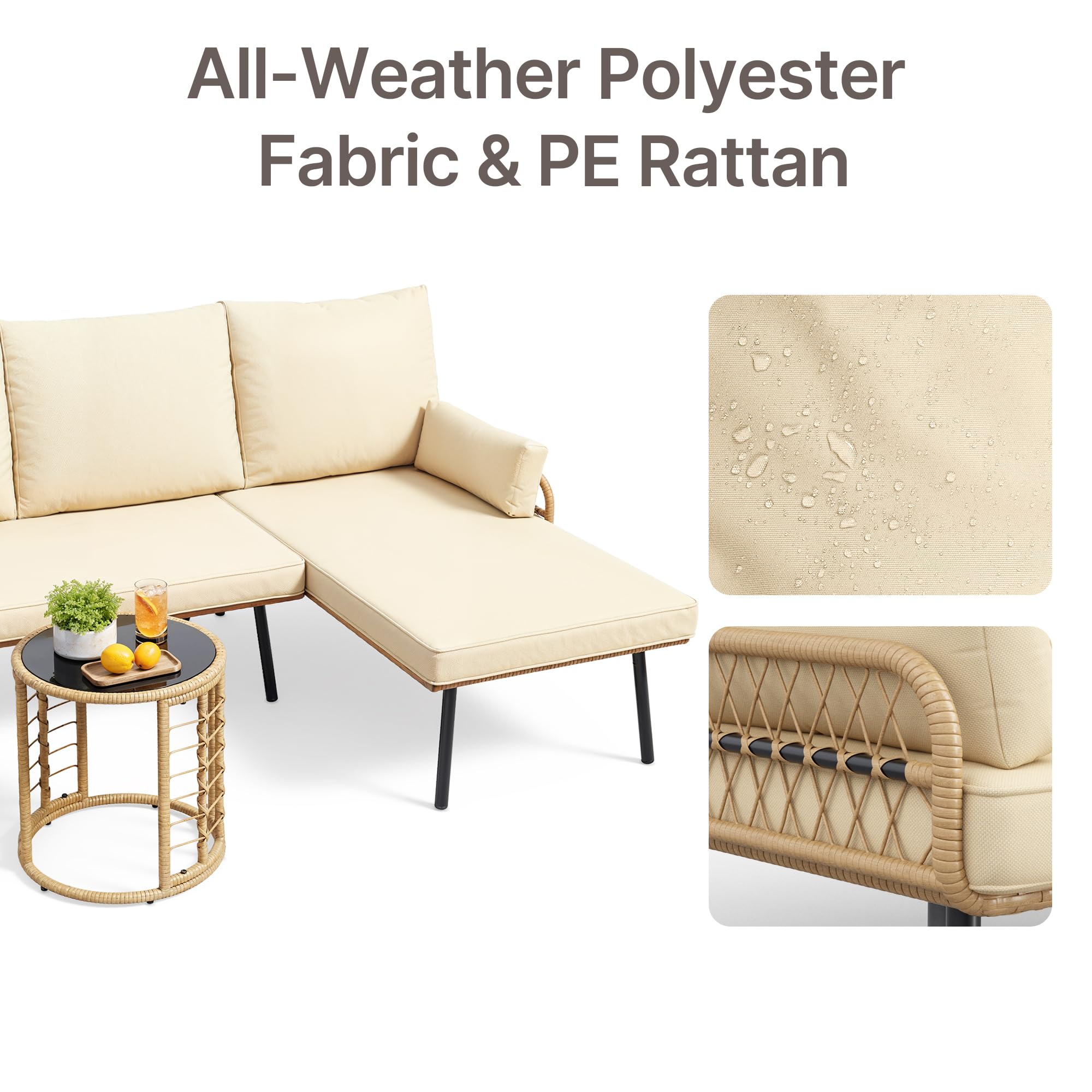 3-Piece Outdoor Patio Furniture Set with L-Shaped Sofa and Glass Table