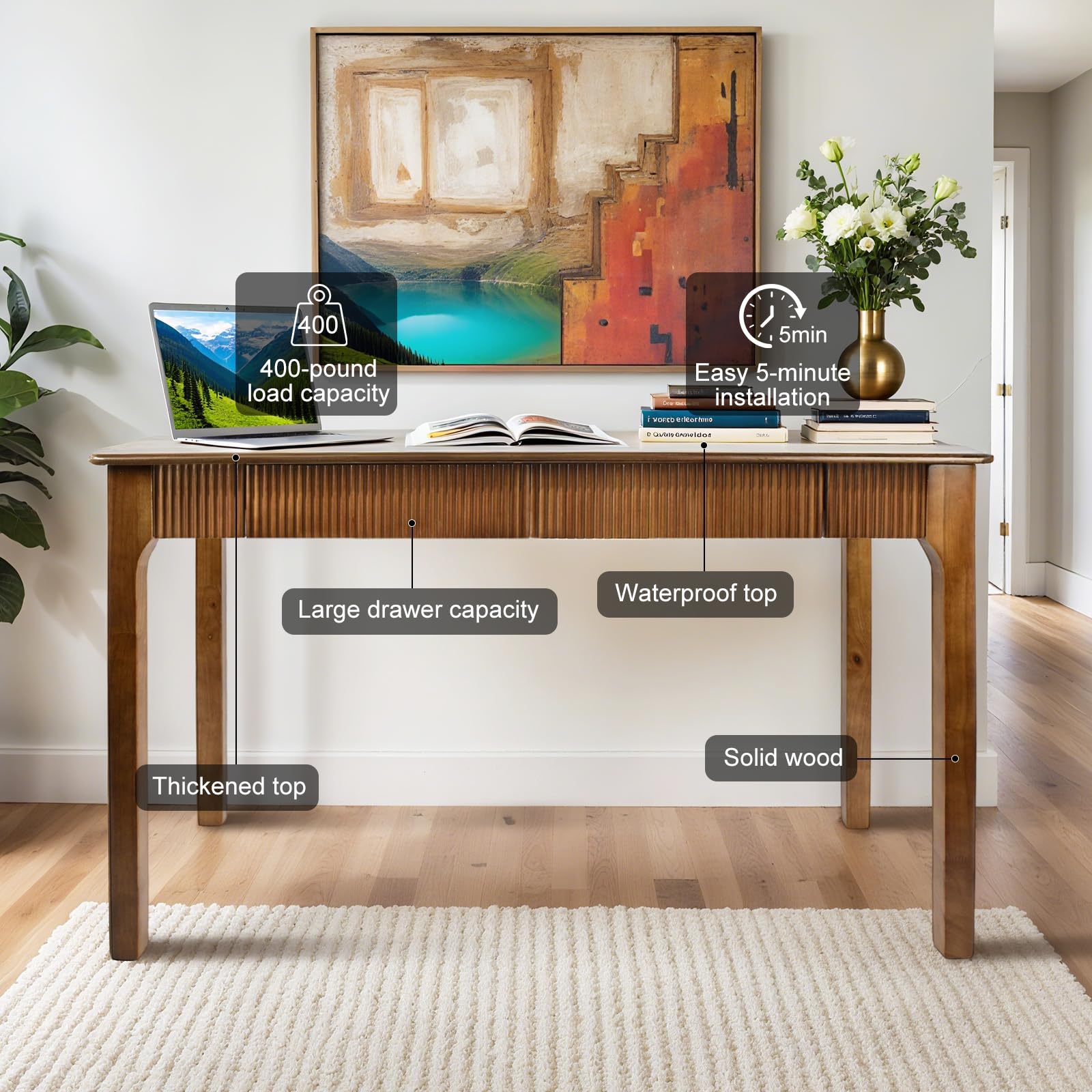 Solid Wood Writing Desk with 2 Drawers