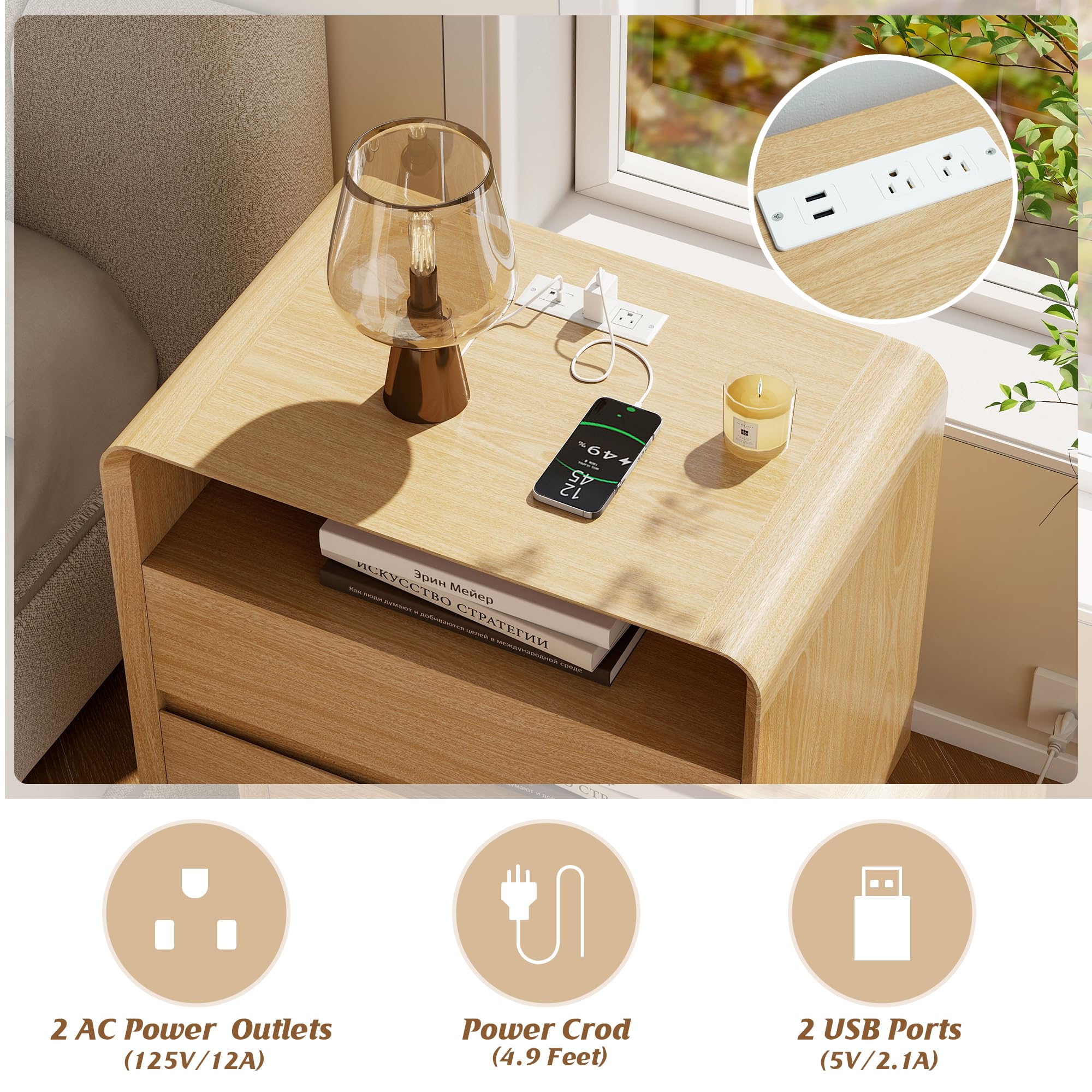 Modern Nightstands Set of 2 with Charging Station