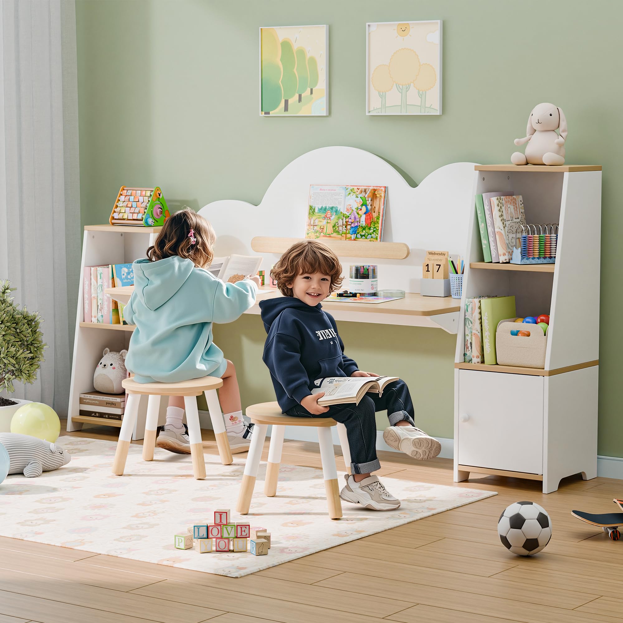 Kids Study Desk with Bookshelves and 2 Stools