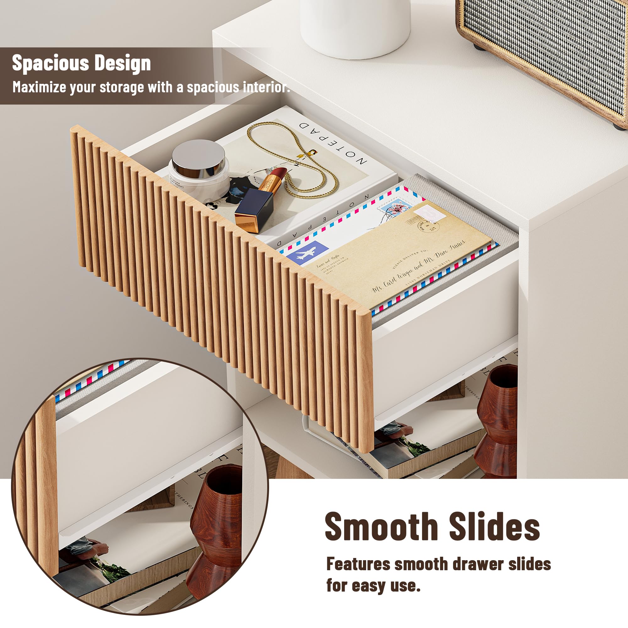 Modern White Oak Nightstand with Drawer and Open Shelf
