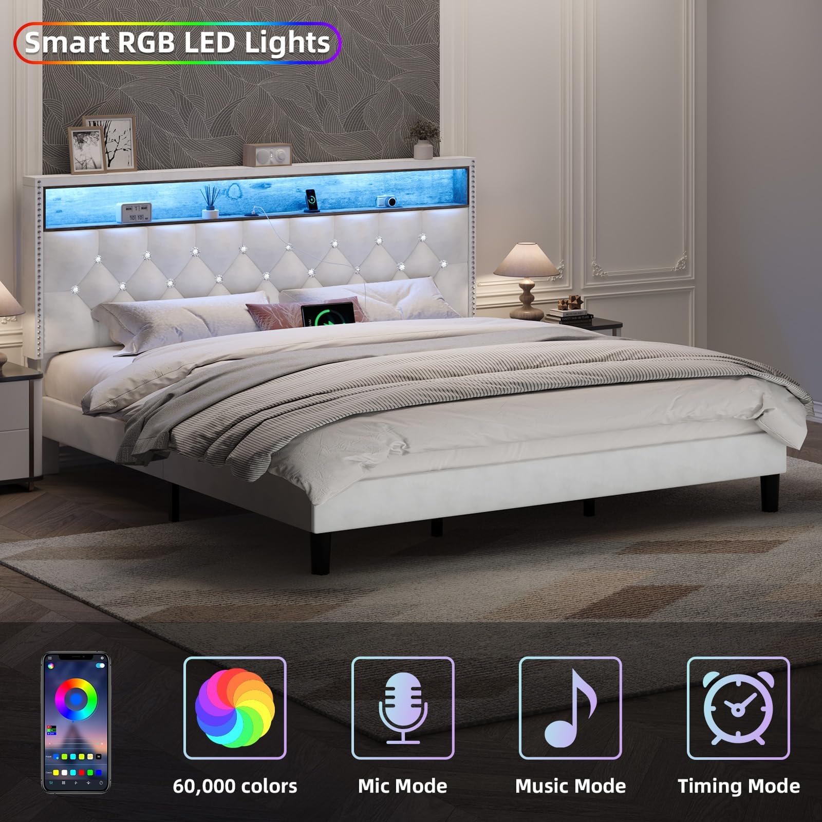 King Size Velvet Bed Frame with LED Lights