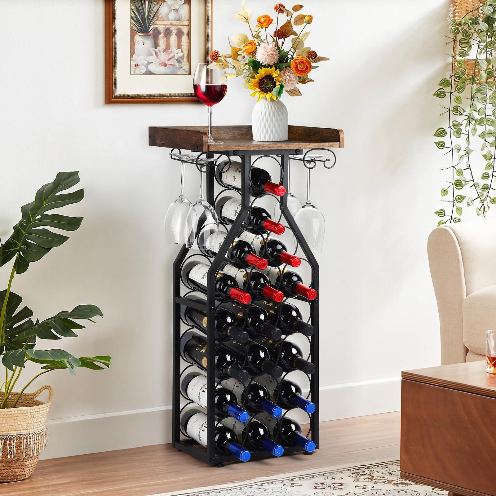 19-Bottle Wine Rack with Glass Holder and Wood Tabletop