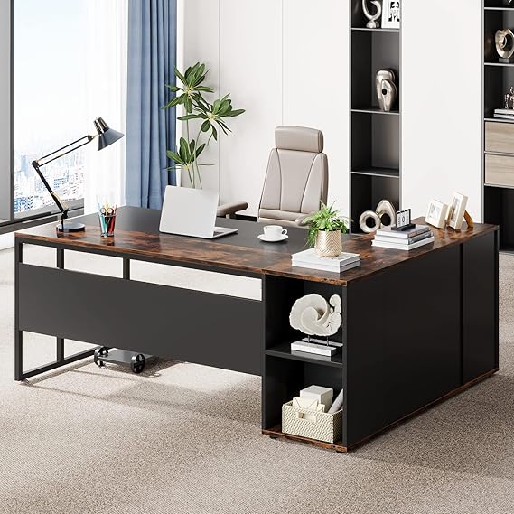 71 Inch L-Shaped Executive Desk with Cabinet Storage