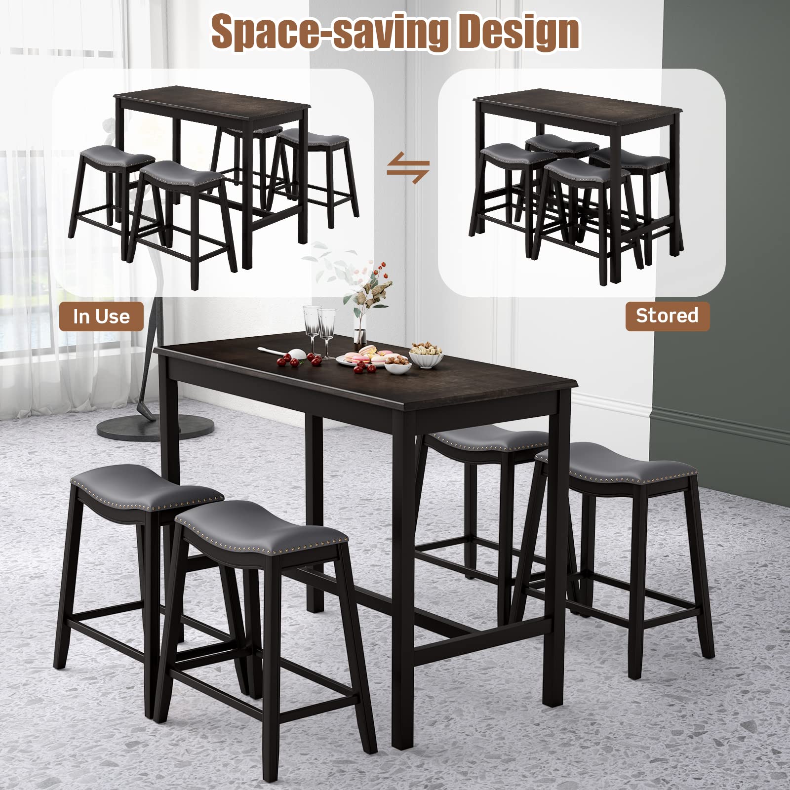 5-Piece Counter Height Dining Set with Saddle Stools