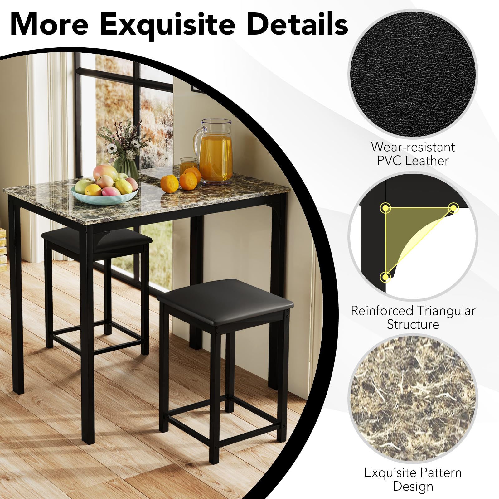 3-Piece Counter Height Bar Table Set with Padded Stools