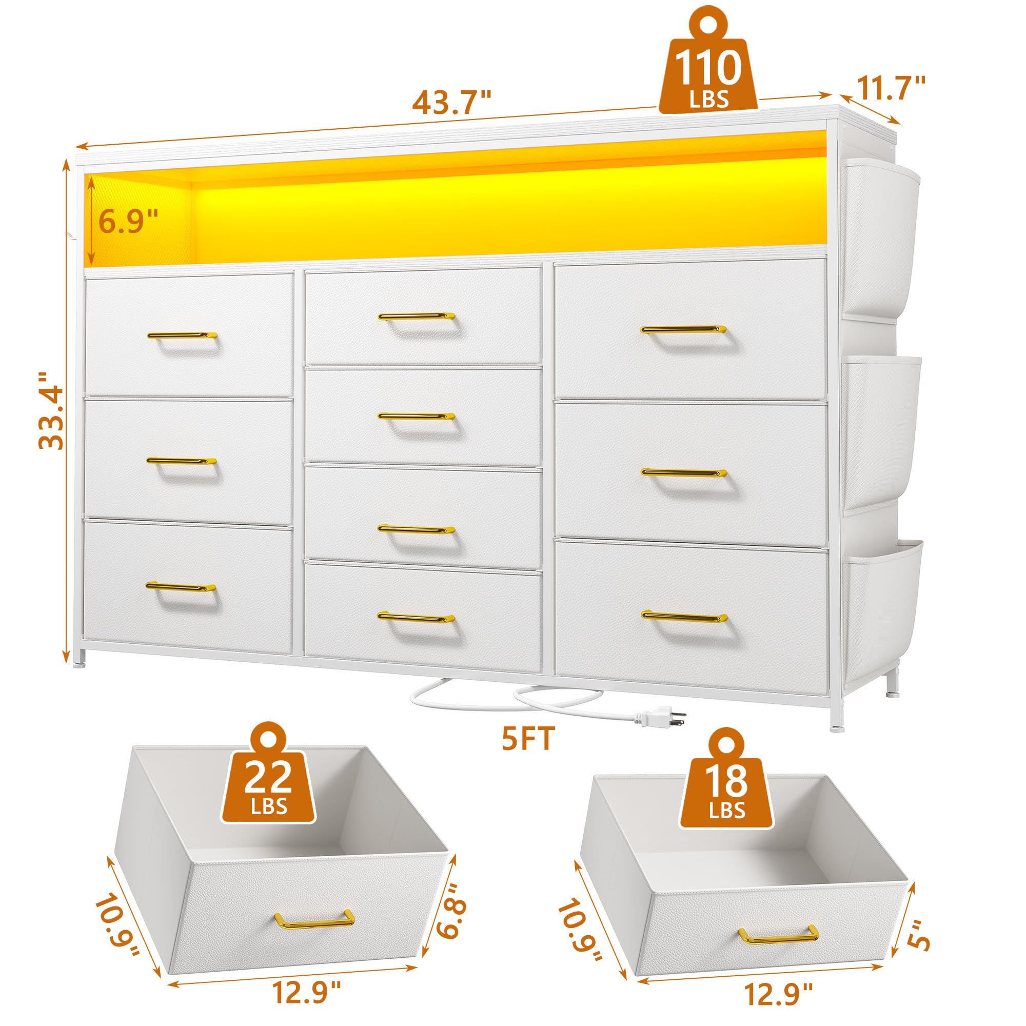 10 Drawer Dresser with Wood Shelves and LED Lights