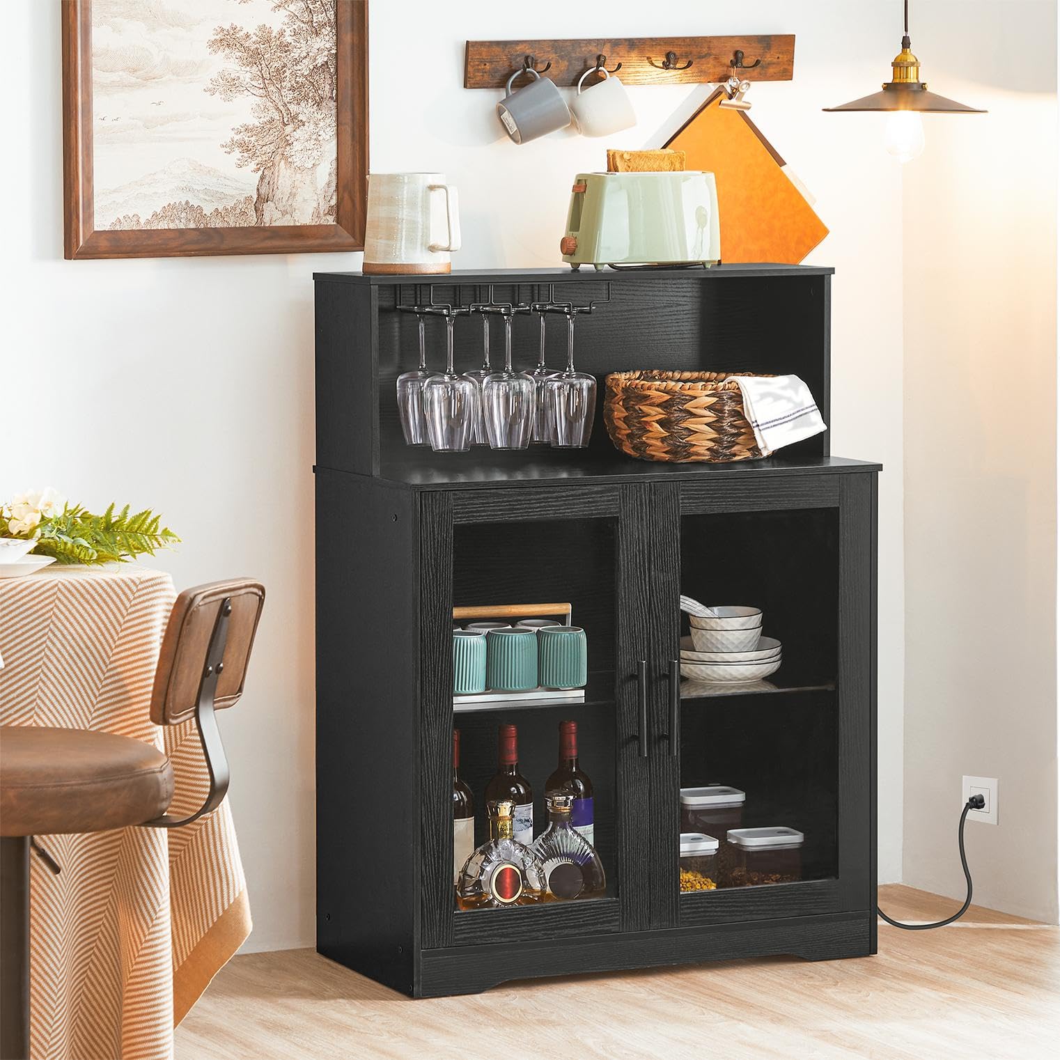 Wine Bar Cabinet with LED Light and Power Outlets