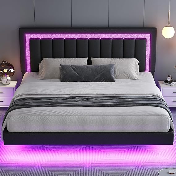 Floating Queen Bed Frame with LED Lights