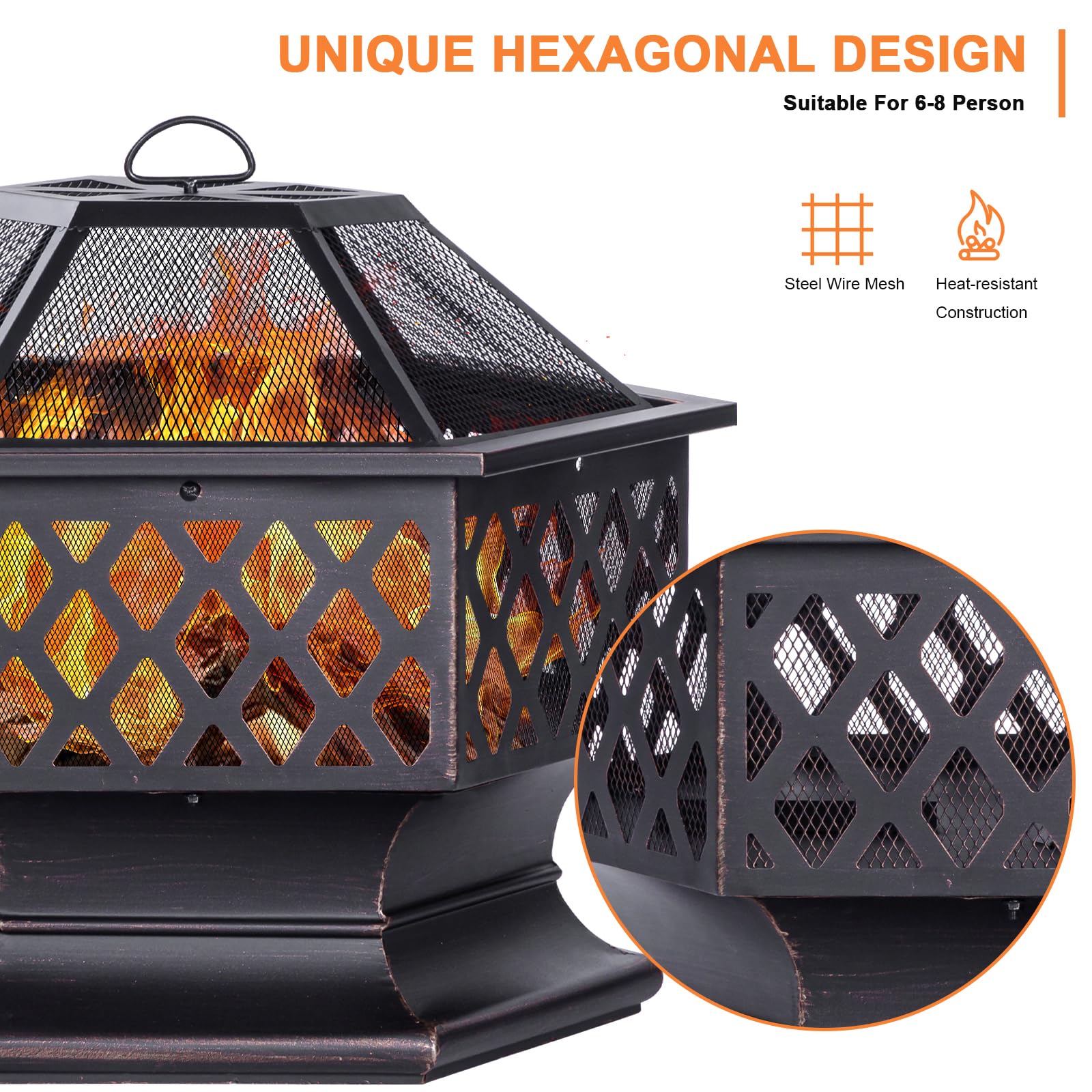 28-Inch Hexagon Outdoor Fire Pit - Wood Burning