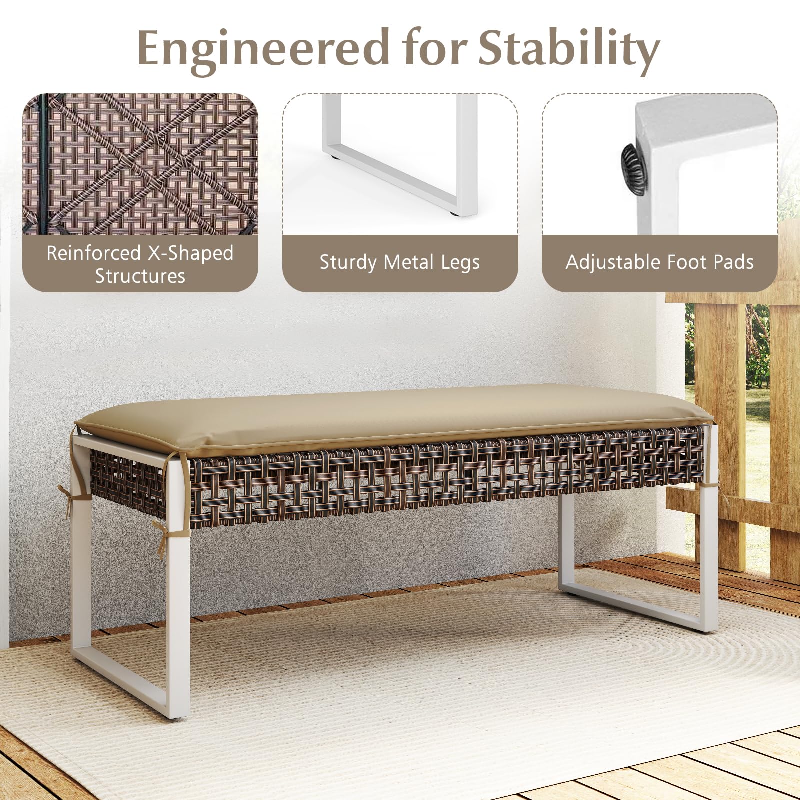 Outdoor Rattan Ottoman Bench with Cushion