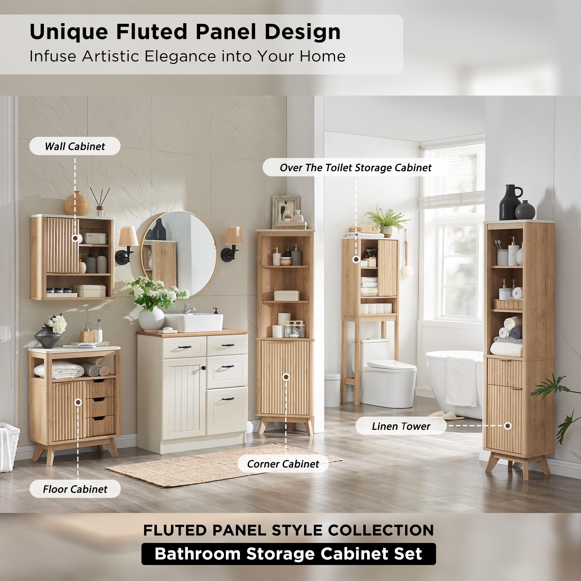 Over The Toilet Storage Cabinet with Fluted Sliding Door