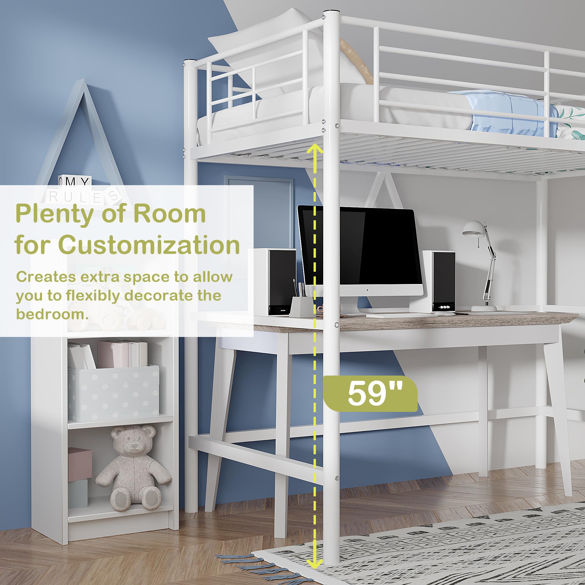 Twin Metal Loft Bed with Ladder and Safety Guardrail
