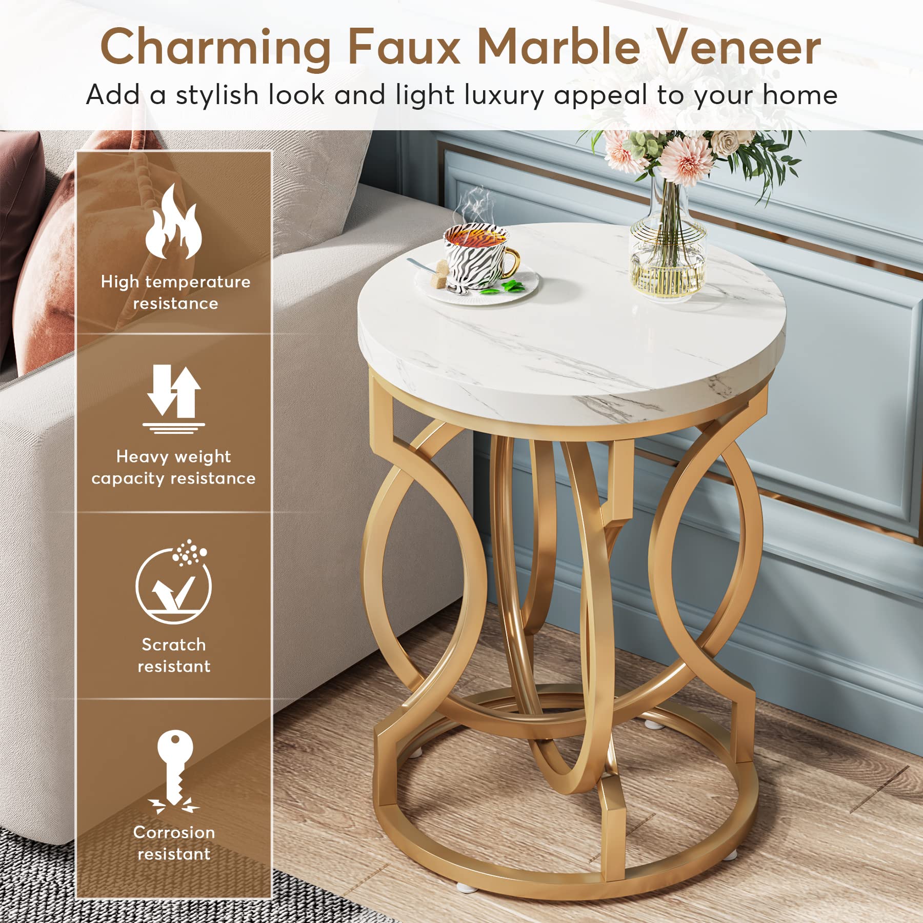Modern Round End Table Set of 2 - 20" Gold Side Tables