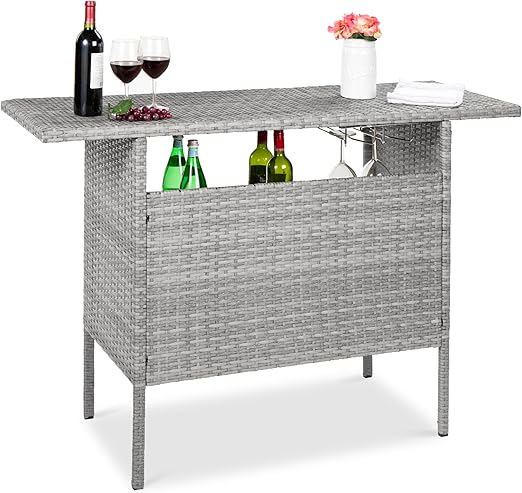 Outdoor Wicker Bar Counter Table with Storage Shelves