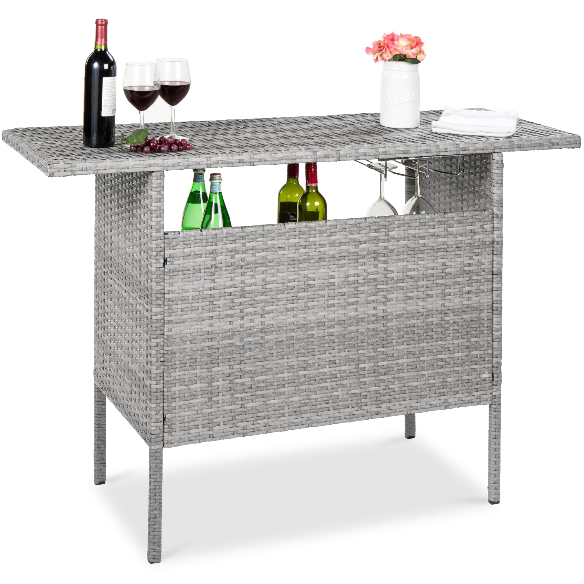 Outdoor Patio Wicker Bar Counter Table with Storage Shelves