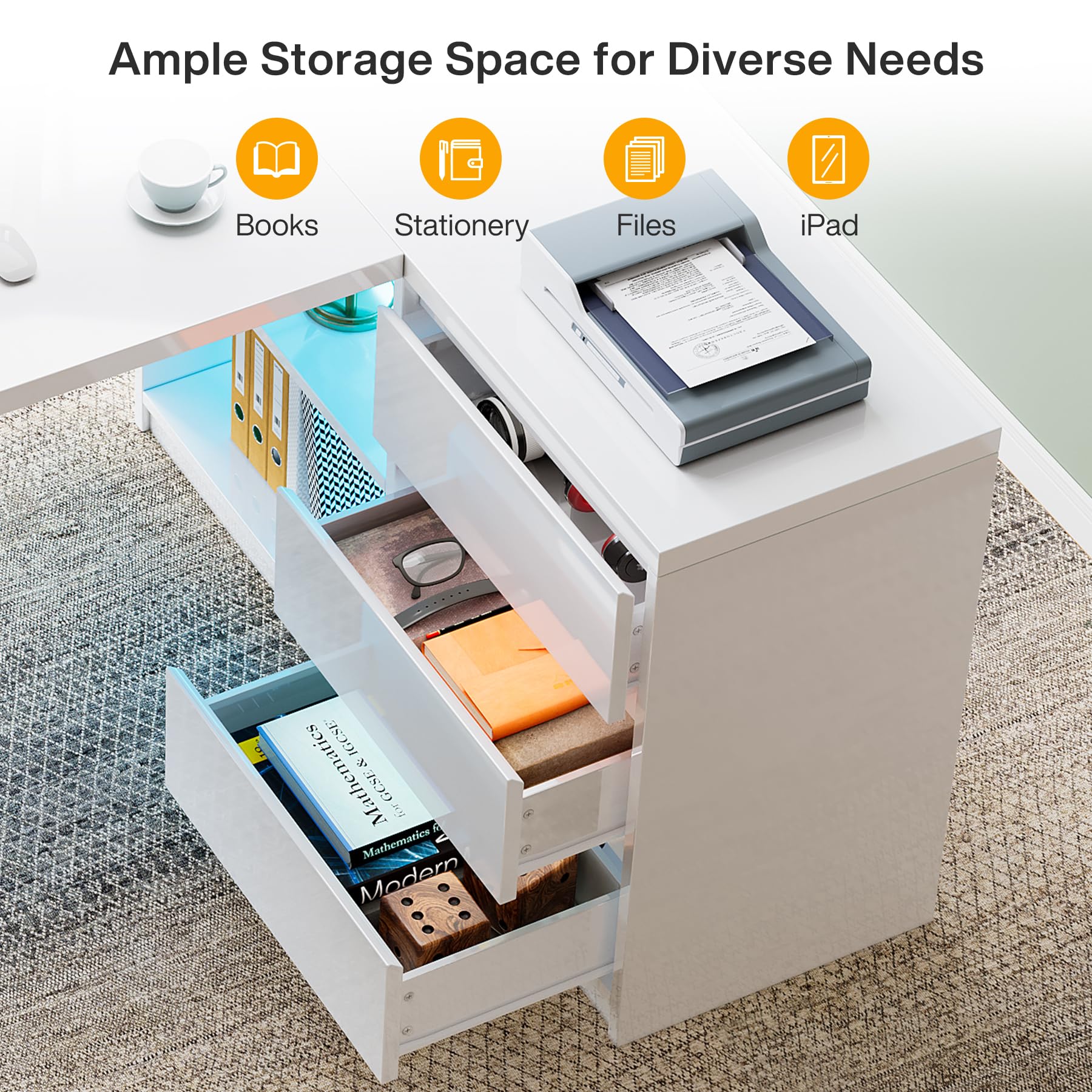 White L-Shaped Computer Desk with 3 Drawers and LED Lights