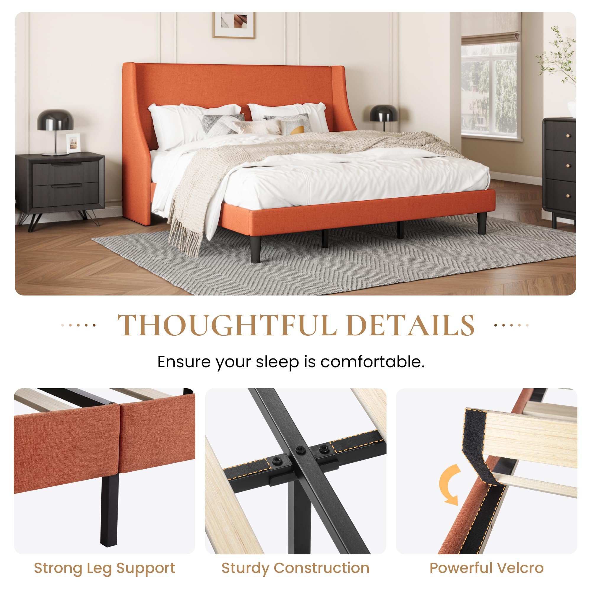 Upholstered King Bed Frame with Wingback Headboard