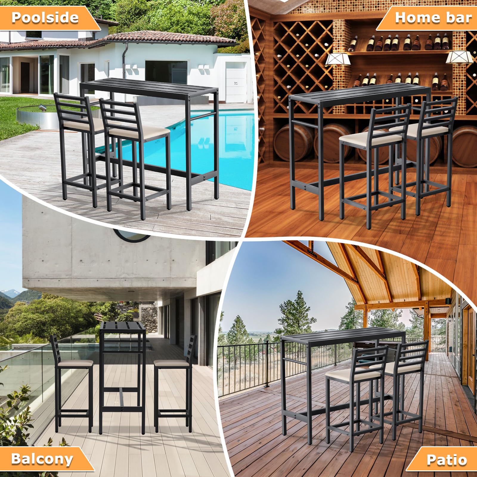 Outdoor Patio Bar Set 3 Piece with Cushioned Stools