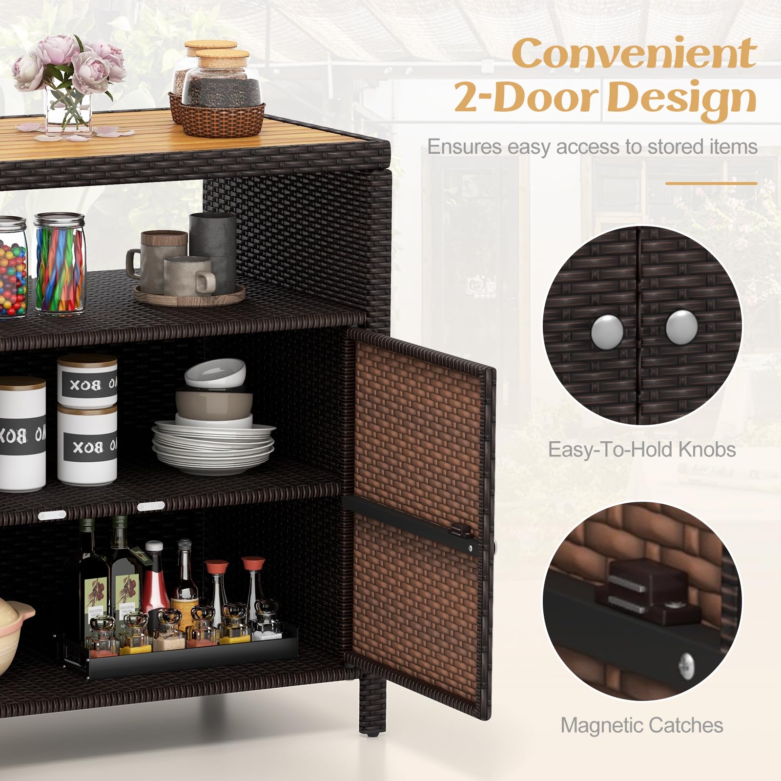 Rattan Outdoor Storage Cabinet with Acacia Wood Countertop