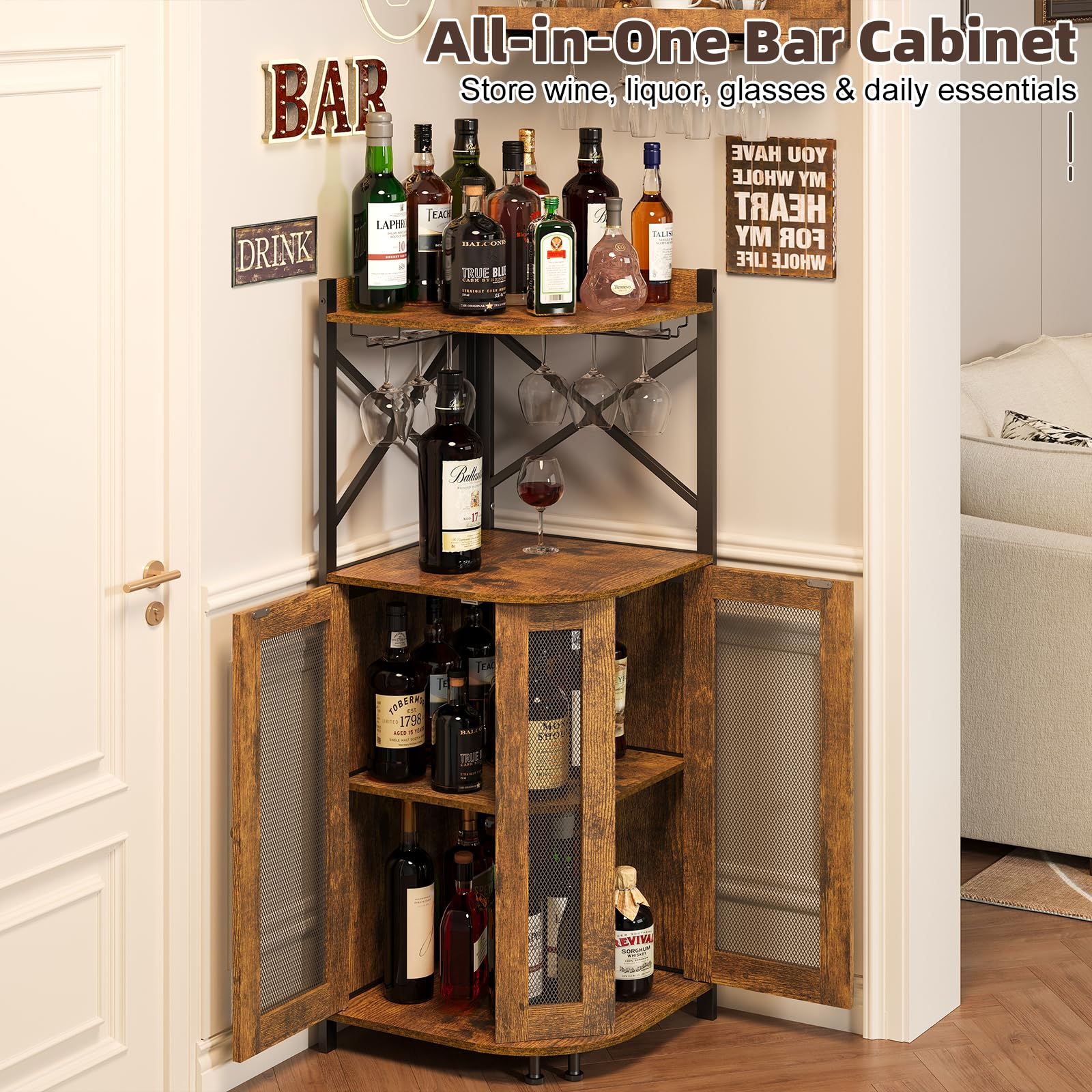 Corner Wine Bar Cabinet with LED Lights