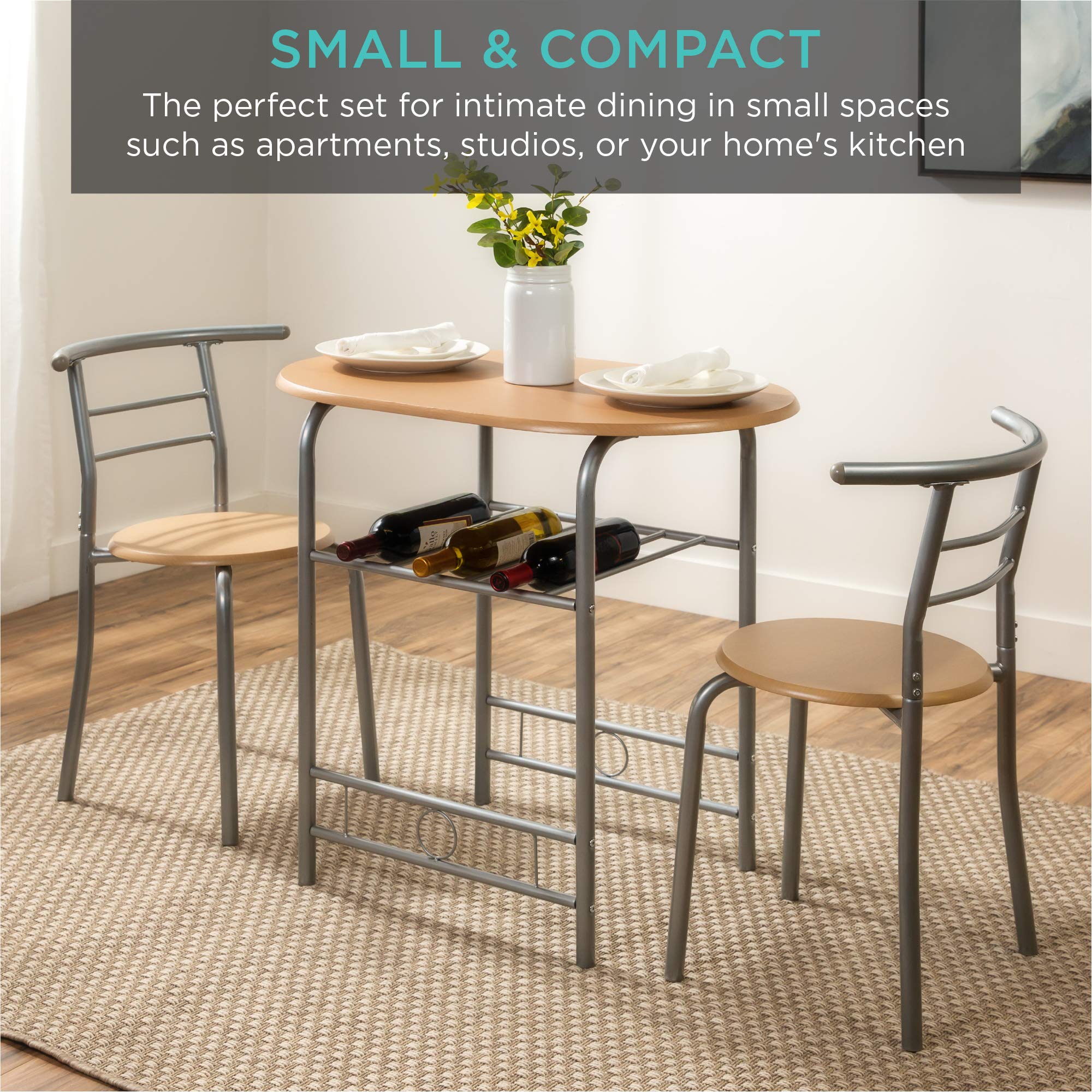 3-Piece Wooden Round Table & Chair Set with Wine Rack