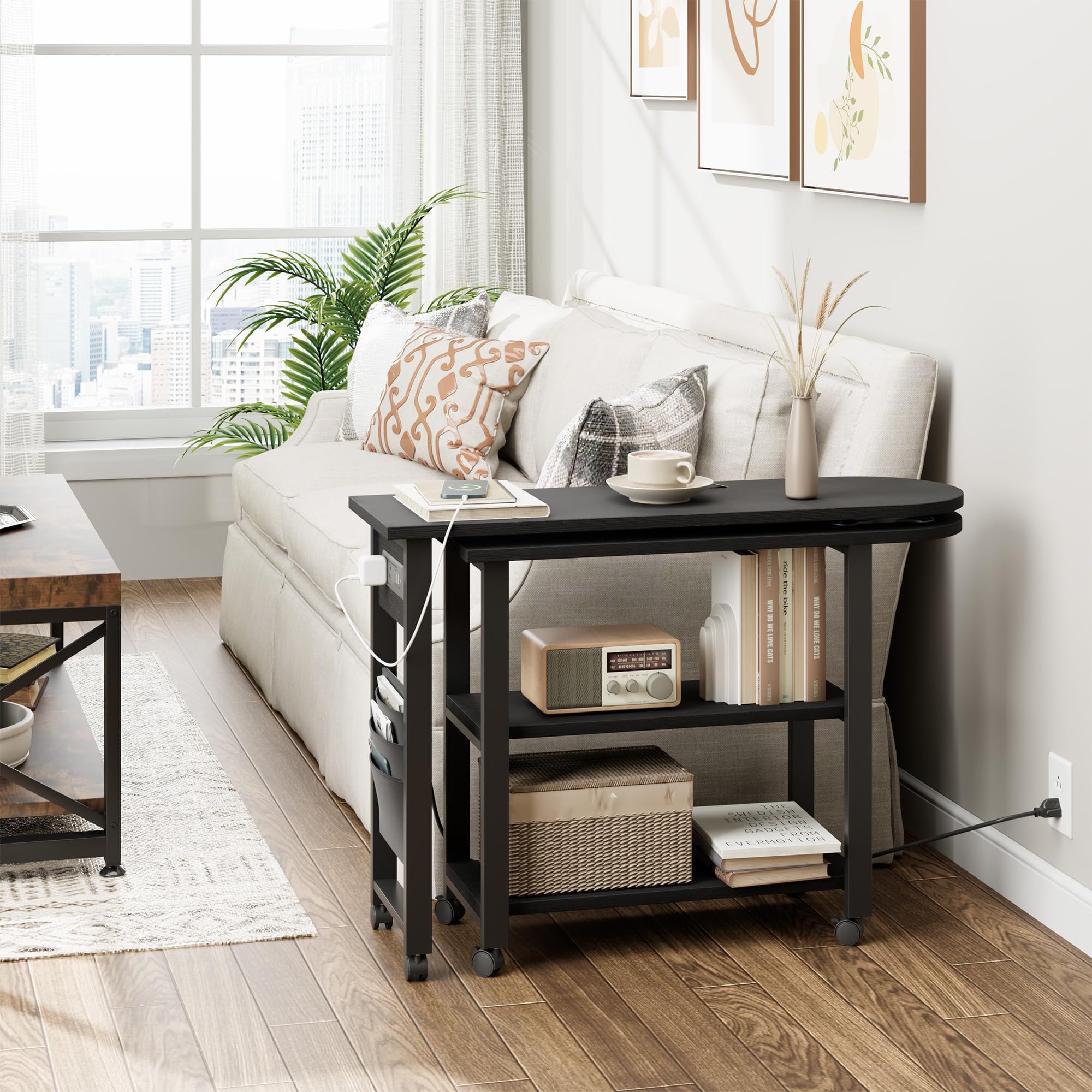 360° Rotating Sofa Side Table with Charging Station