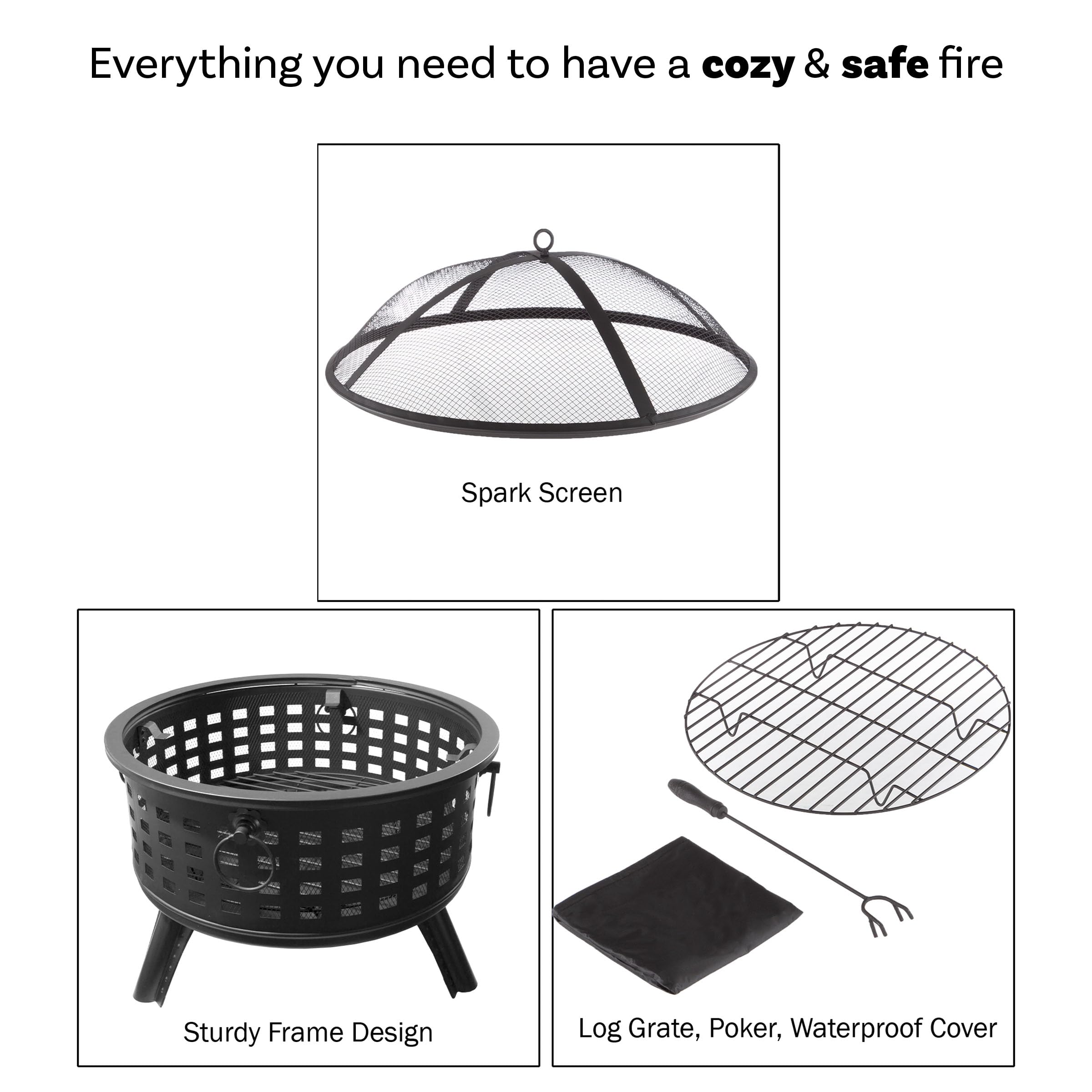 26-Inch Round Lattice Wood Burning Fire Pit with Screen and Cover