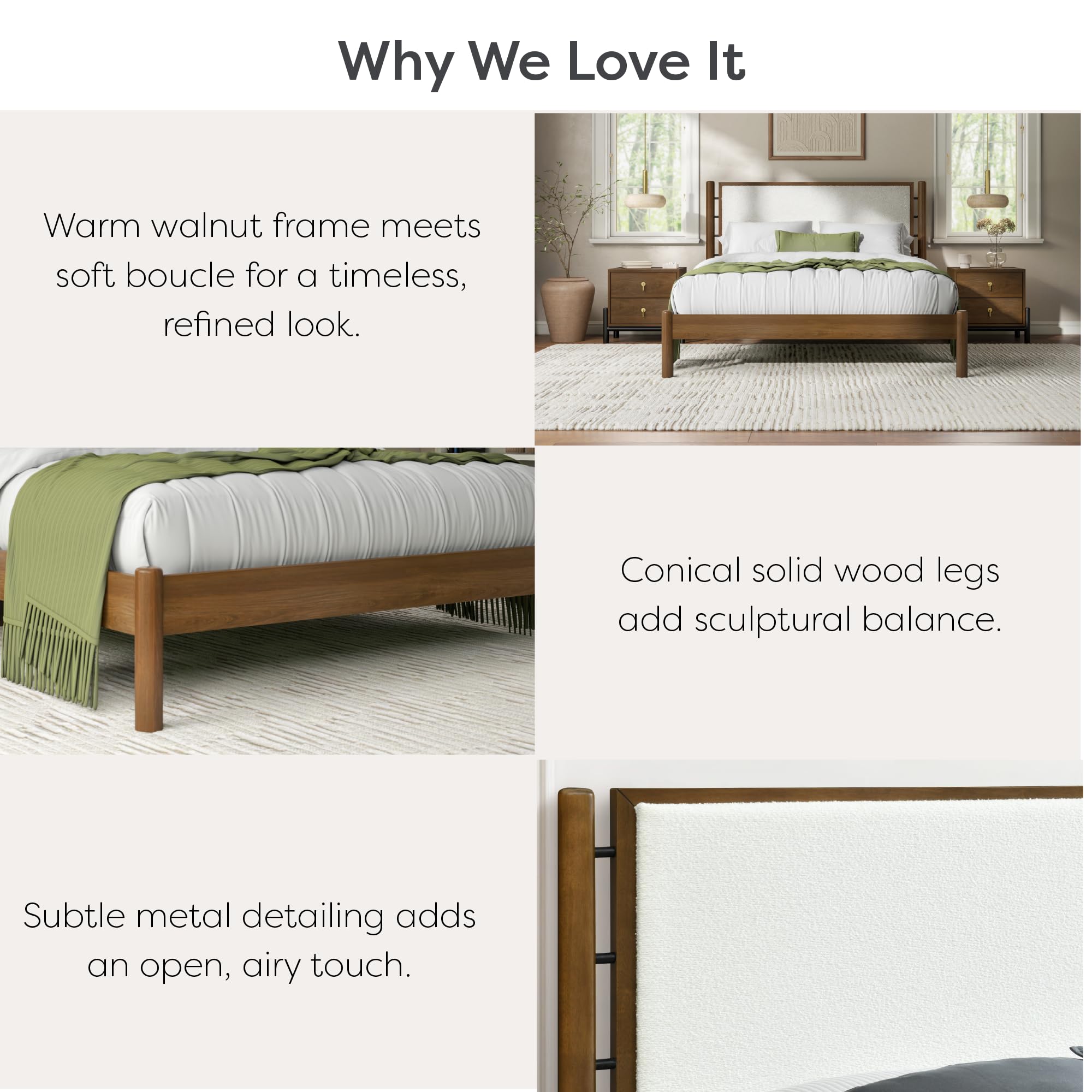 Queen Solid Wood Bed Frame with Upholstered Boucle Headboard
