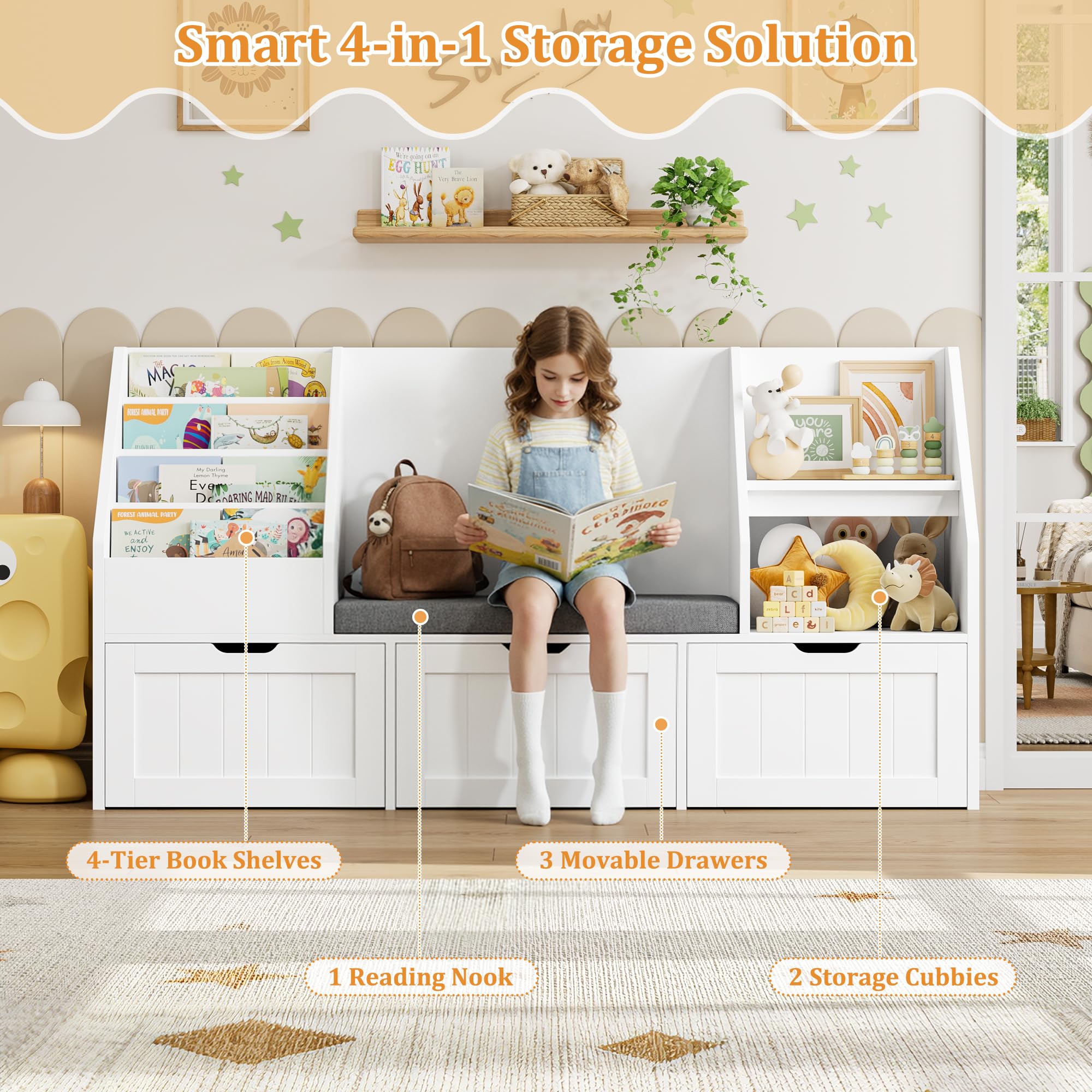 Kids Bookshelf with Reading Nook and Storage