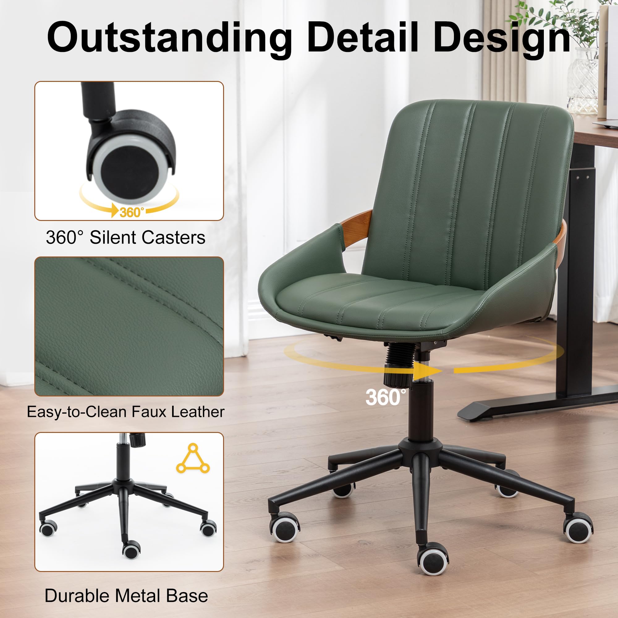 PU Leather Desk Chair with Wheels - Adjustable Height Swivel Office Chair