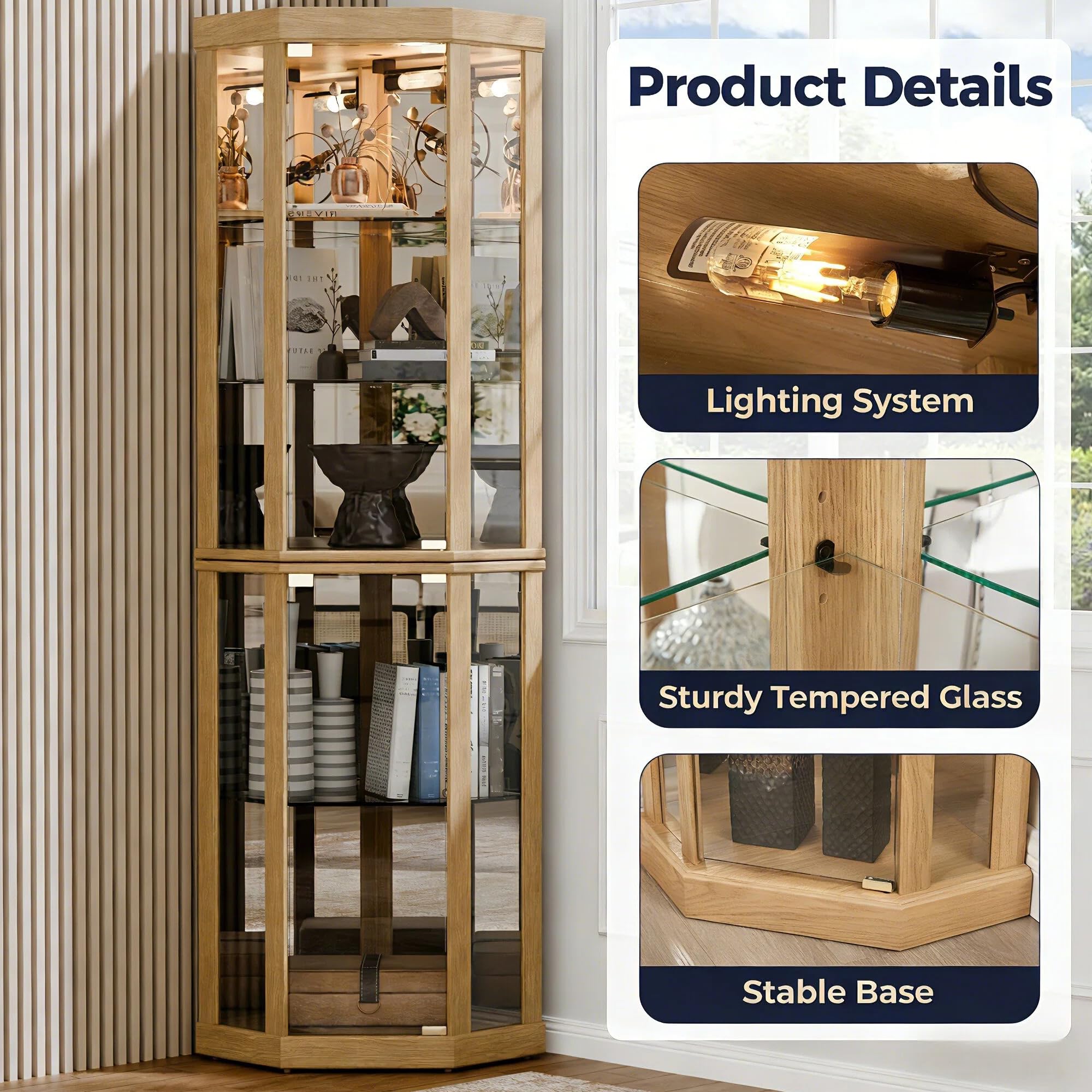 Corner Curio Cabinet with Lighted Glass Display