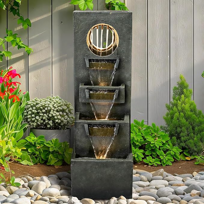 40-Inch Modern Outdoor Fountain with LED Light