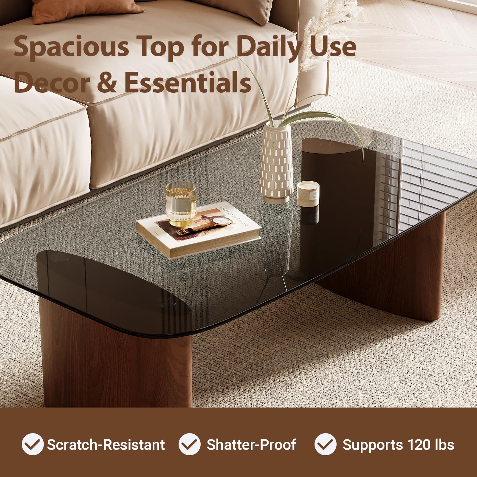 Glass Coffee Table with Wooden Base