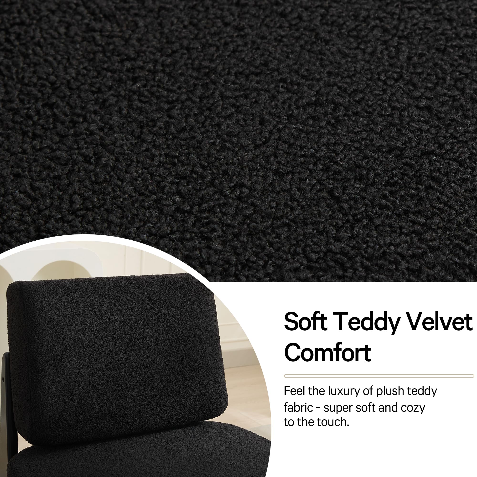 Okeysen Mid-Century Accent Chair, Modern Armless Lounge Chair with Black Teddy Fabric and Solid Wood Legs, Comfy Slipper Chair for Living Room, Bedroom, Balcony