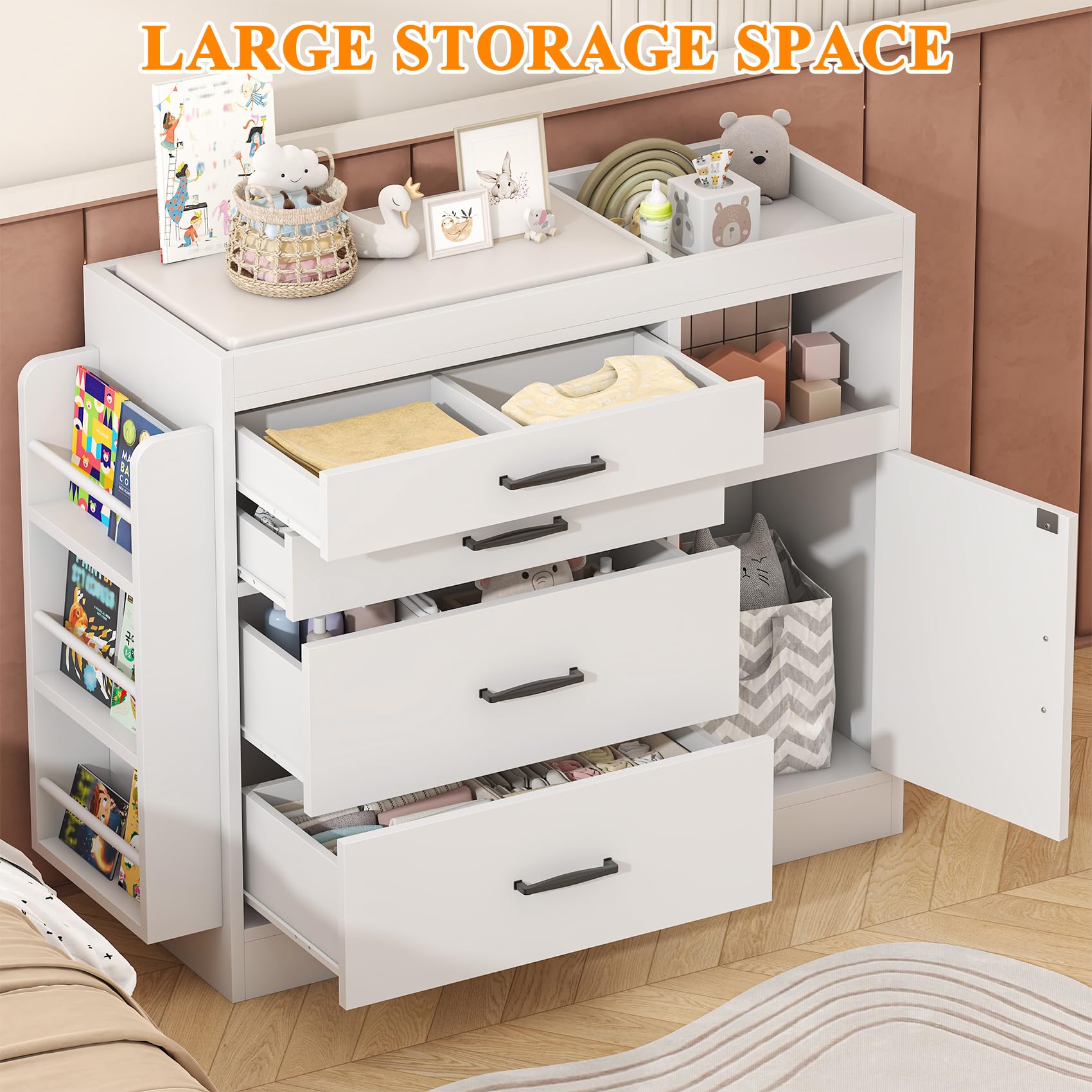 Changing Table Dresser with 4 Drawers Cabinet and Open Shelves