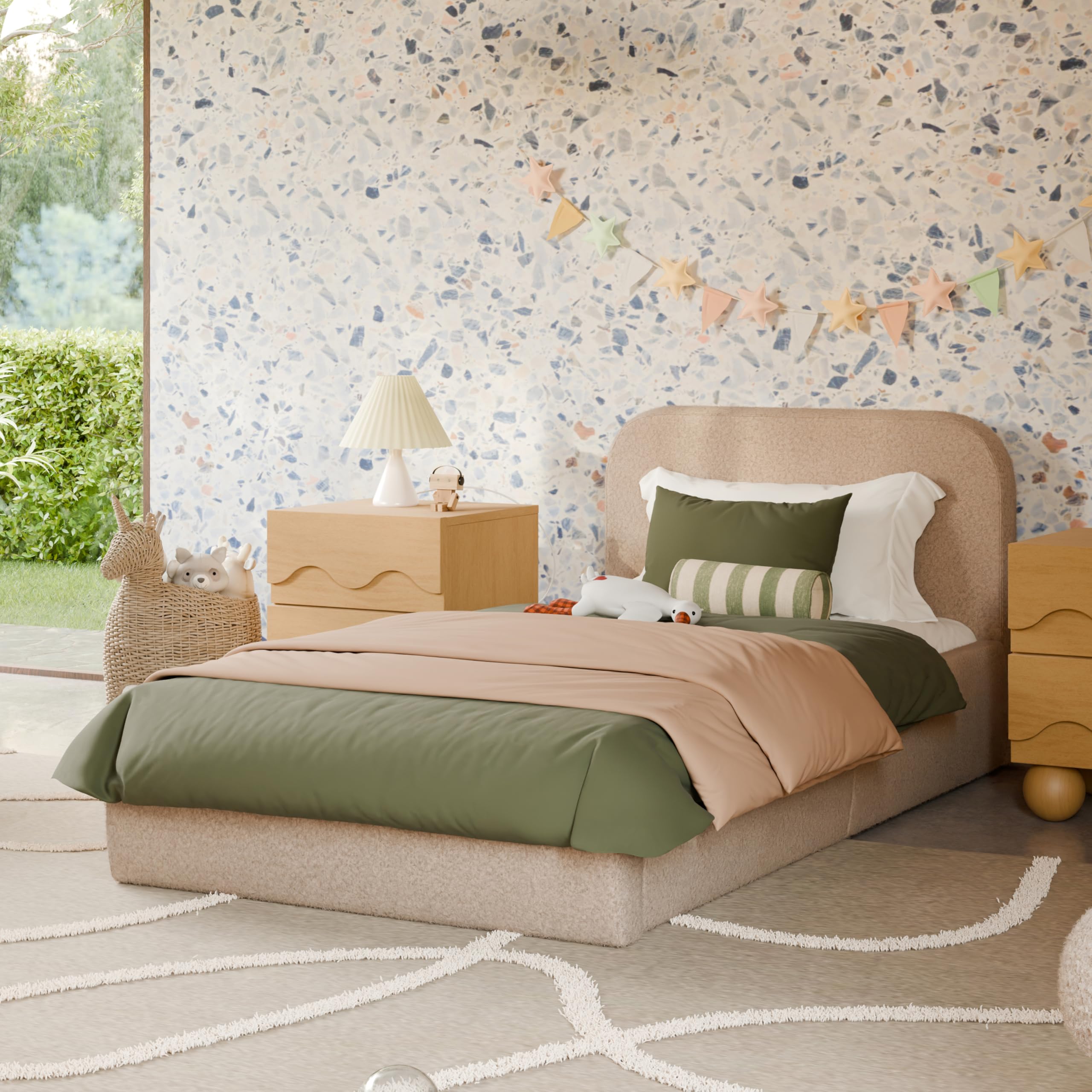 Twin Upholstered Bed Frame with Headboard in Shearling Fabric