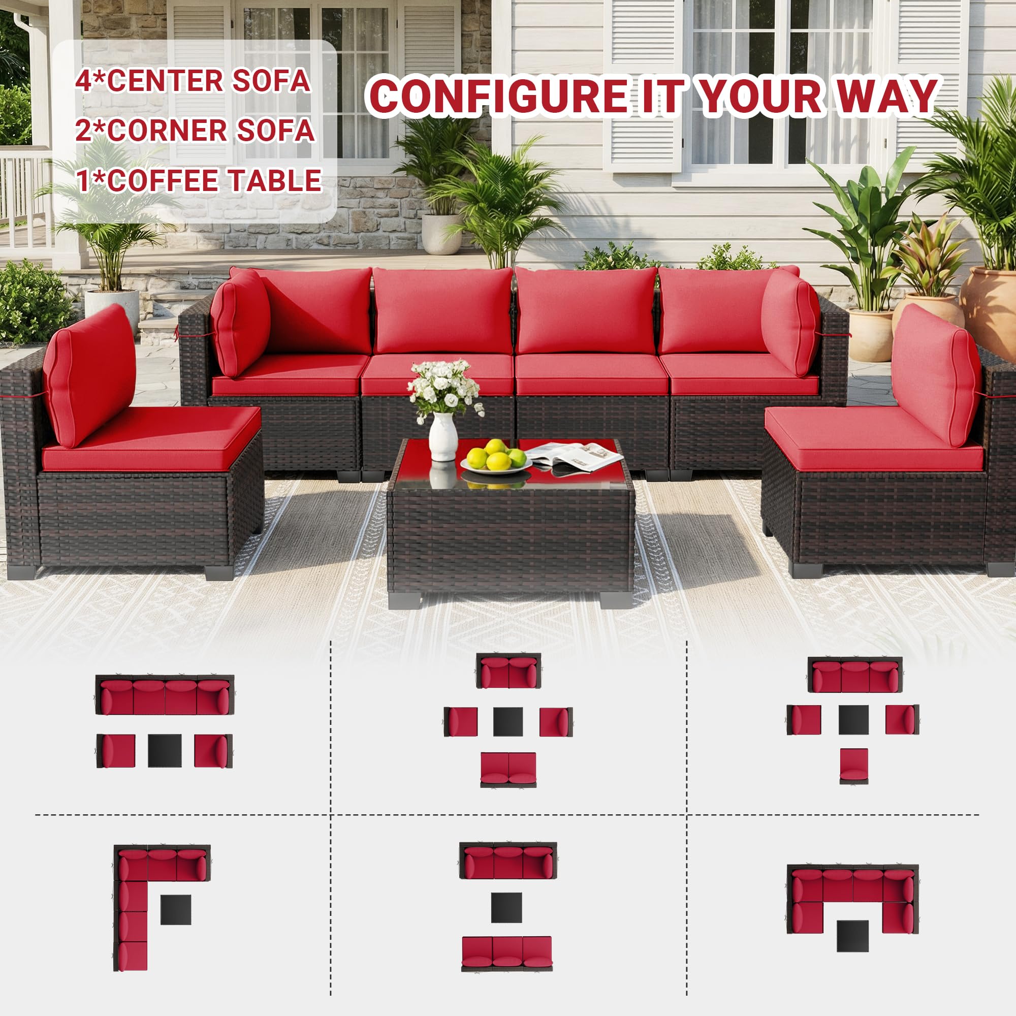 7-Piece Rattan Patio Furniture Set with Coffee Table