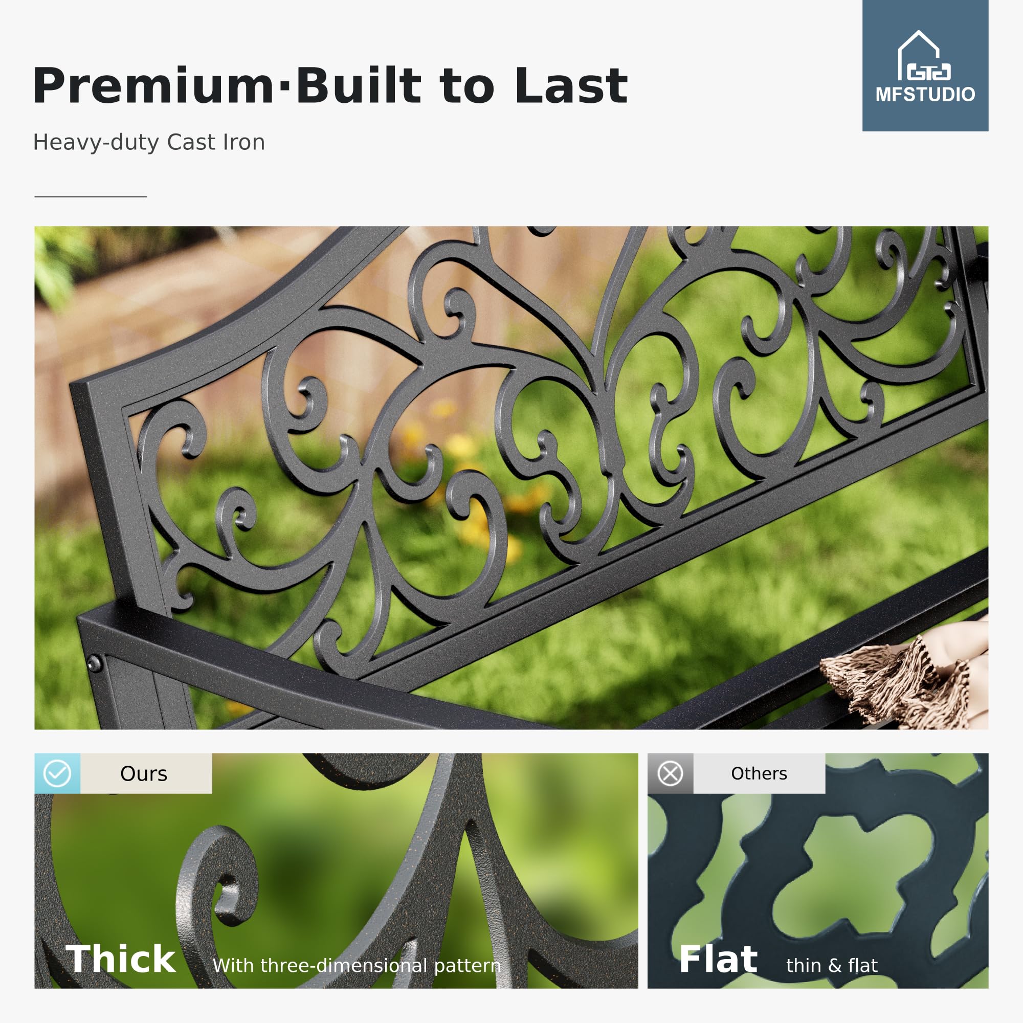 Cast Iron Outdoor Garden Bench with Floral Pattern