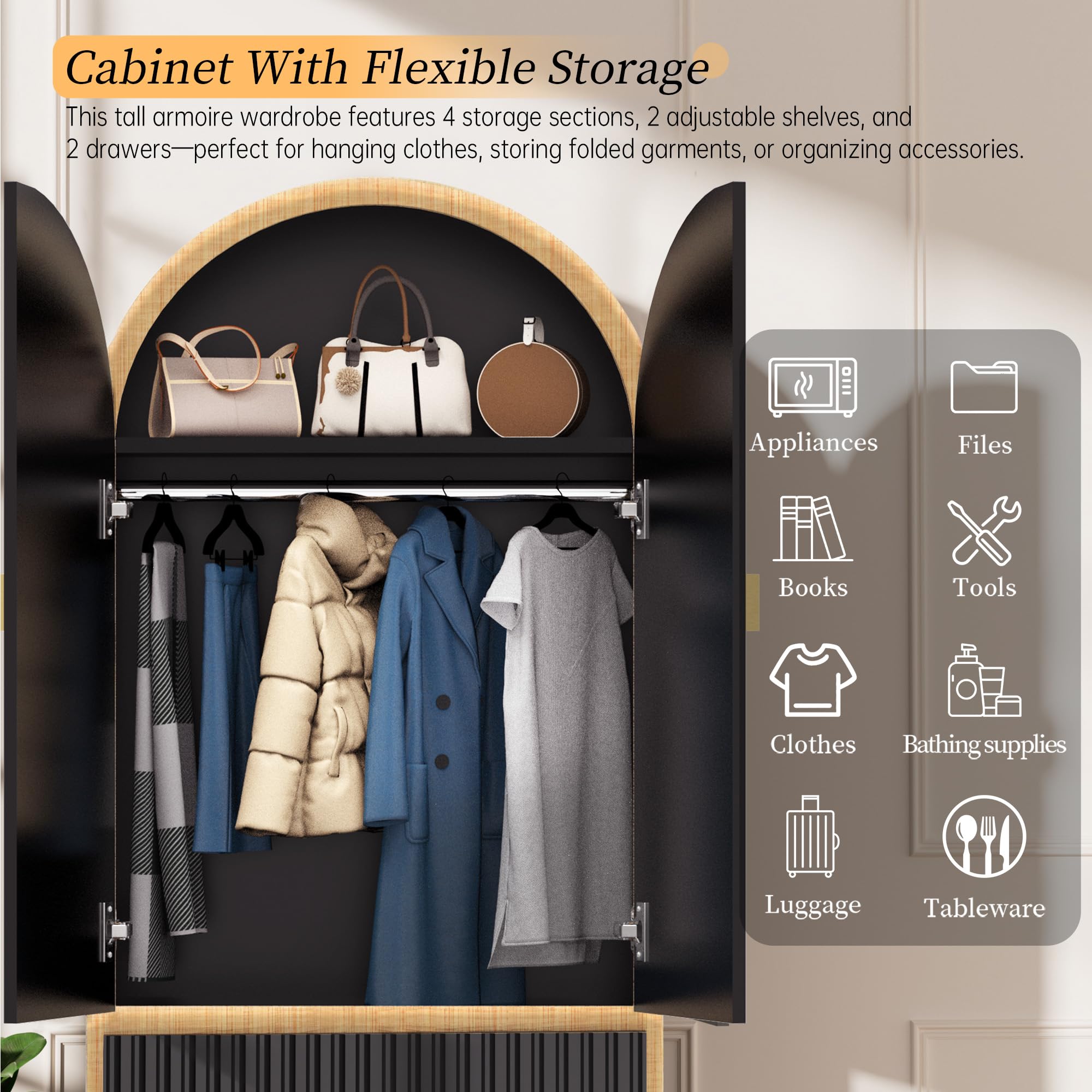 78" Tall Black Arched Cabinet with Fluted Doors