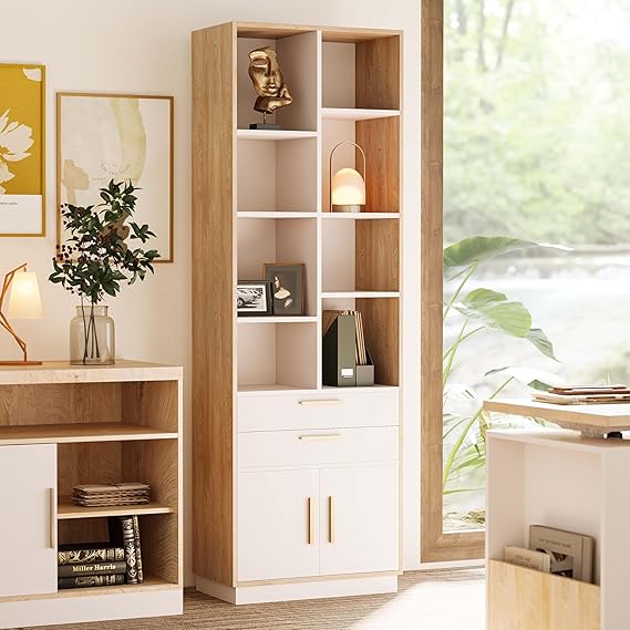 Wood Bookcase with Drawers and Doors 73.3" Tall