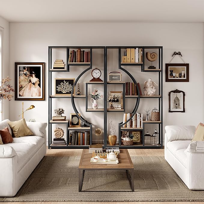 White and Gold Bookshelf Set of 2 - 5 Tier Geometric Bookcase with Metal Frame