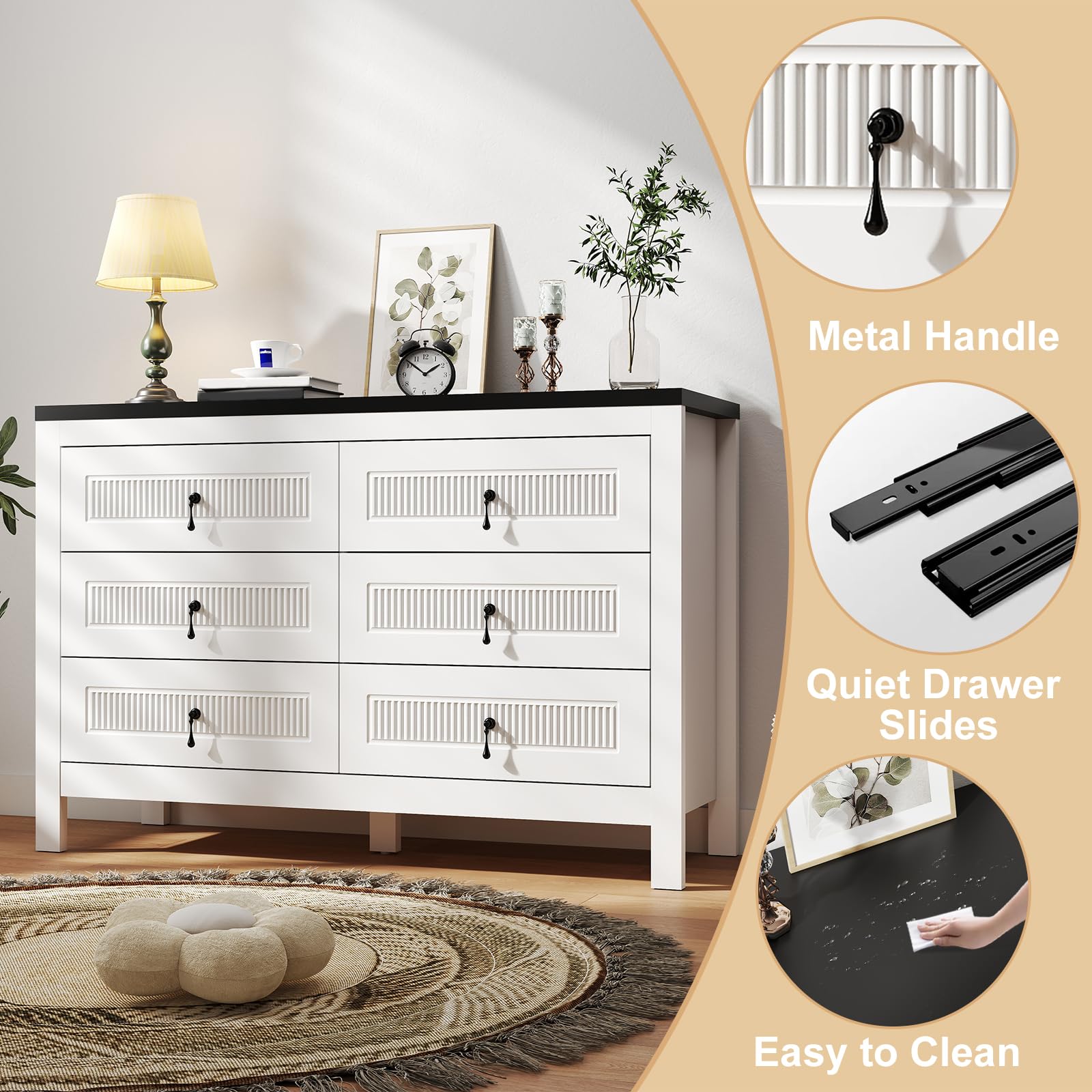 White Fluted 6-Drawer Dresser 47"