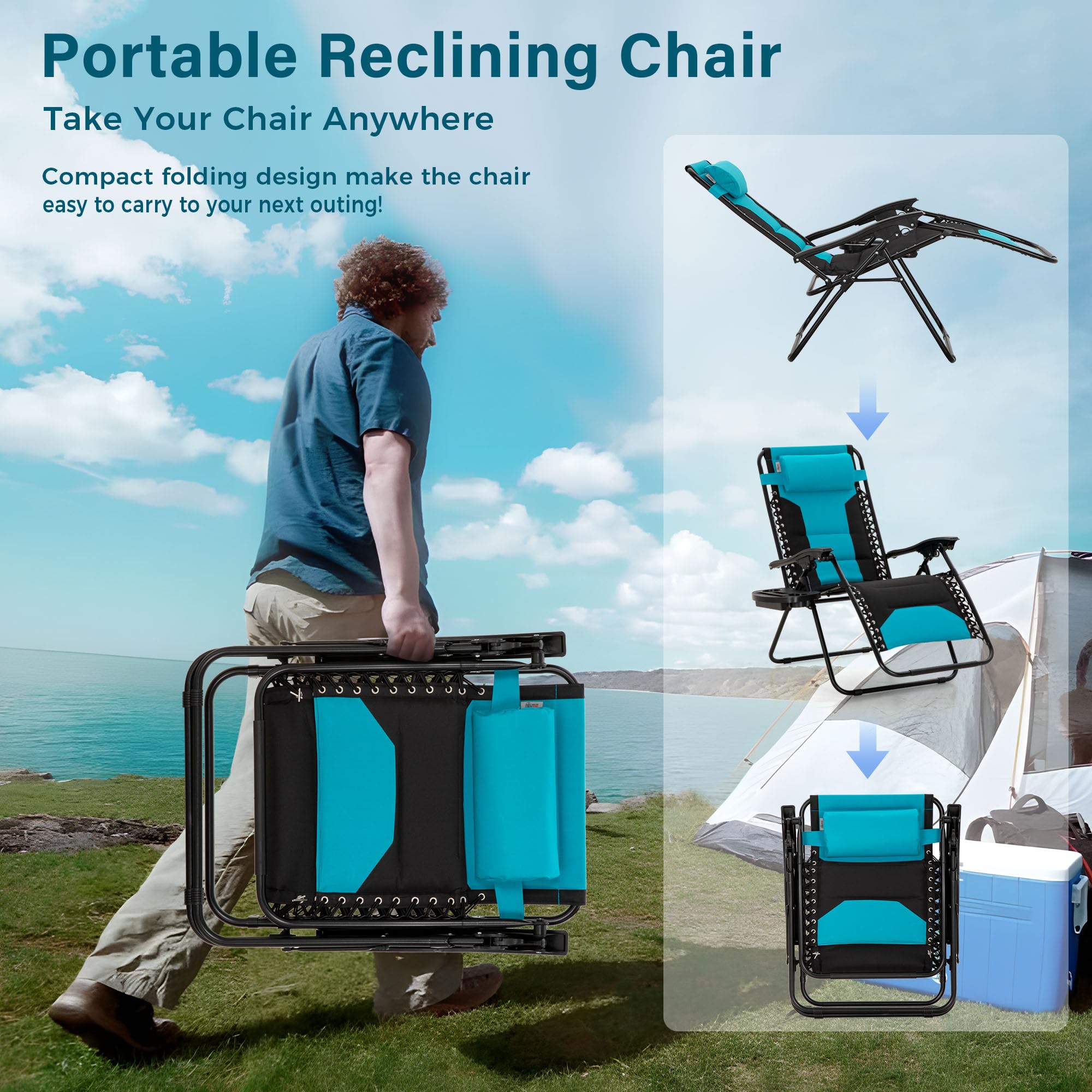 MFSTUDIO Padded Zero Gravity Chair Set of 2, Folding Patio Lounge Recliner with Adjustable Pillows & Cup Holder for Poolside Backyard, Support 400lbs(Pacific Blue)