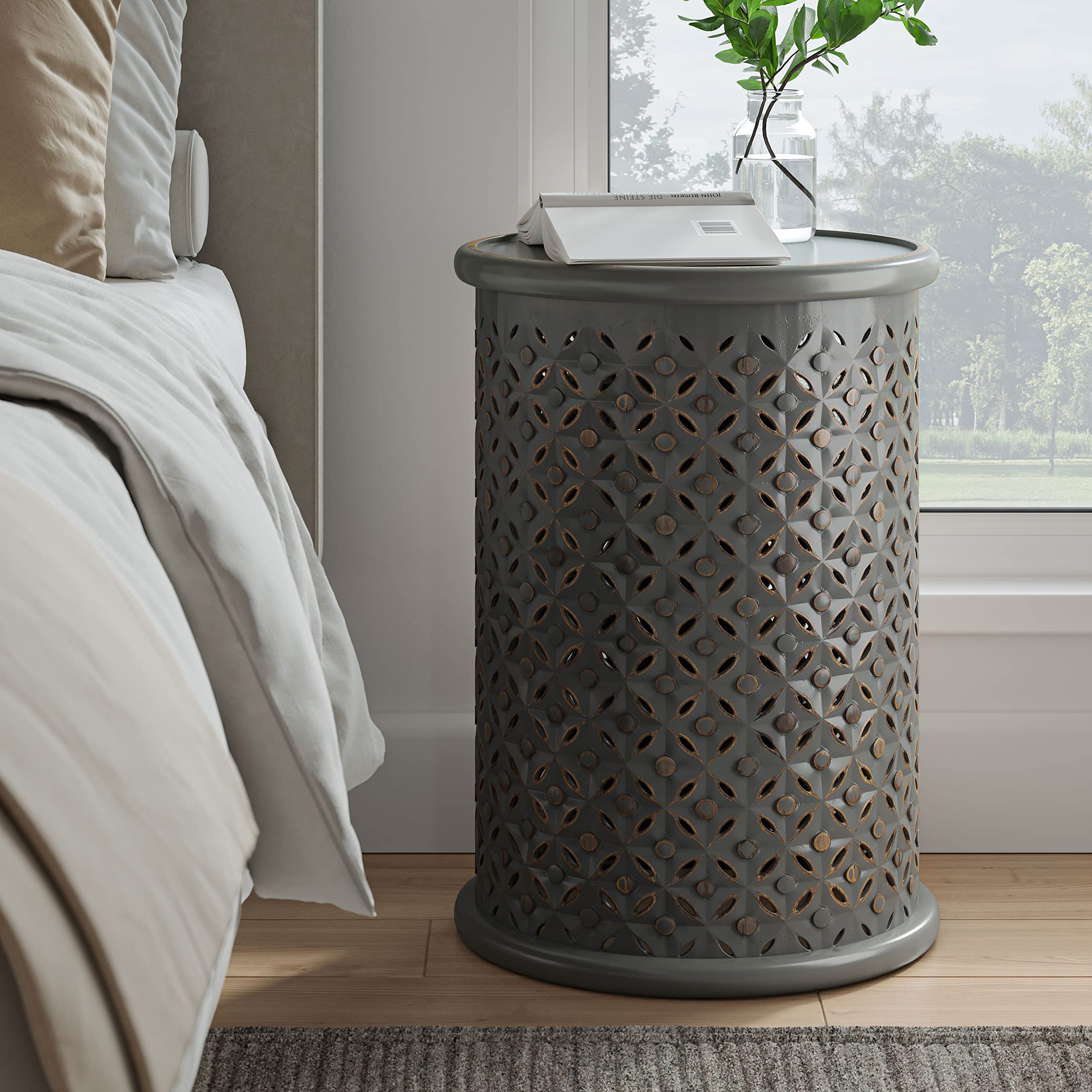 Jofran Global Archive Mango Wood Handcrafted Solid Hardwood Drum Table, 17" W X 17" D X 23" H, Grey Finish, (Set of 1), Antique Gray